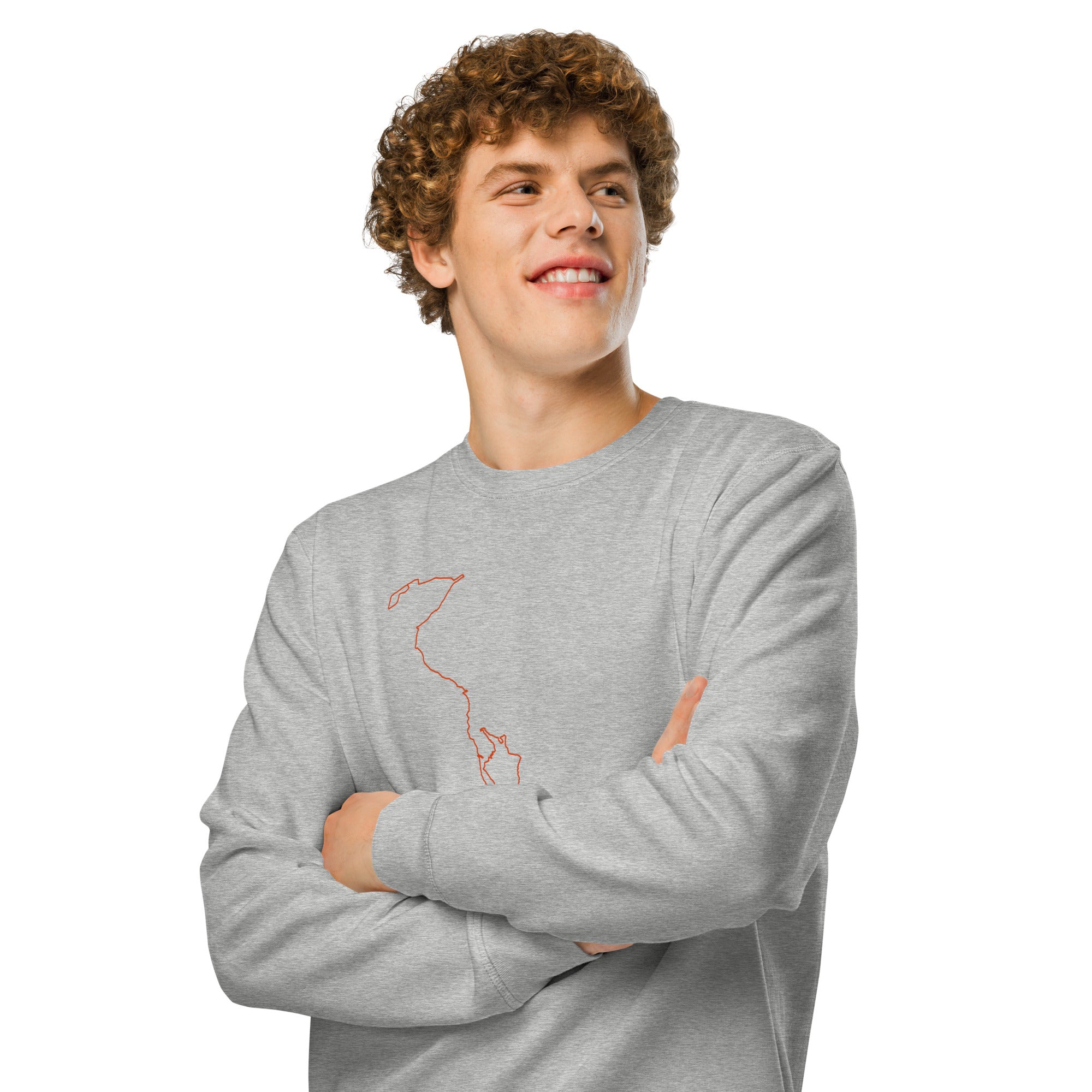 Man wearing a gray sweatshirt with custom Strava route print art design on a white background