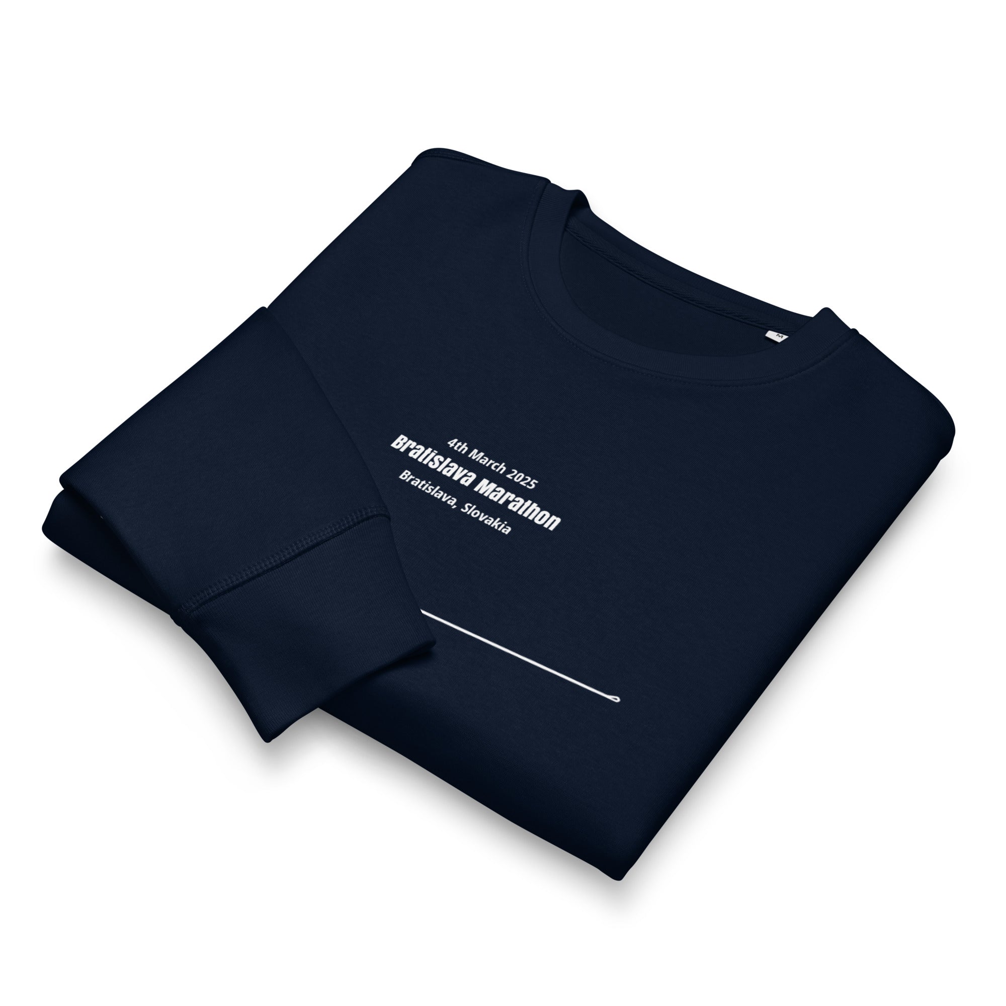 Folded navy blue t-shirt with white custom Strava route print art on a white background