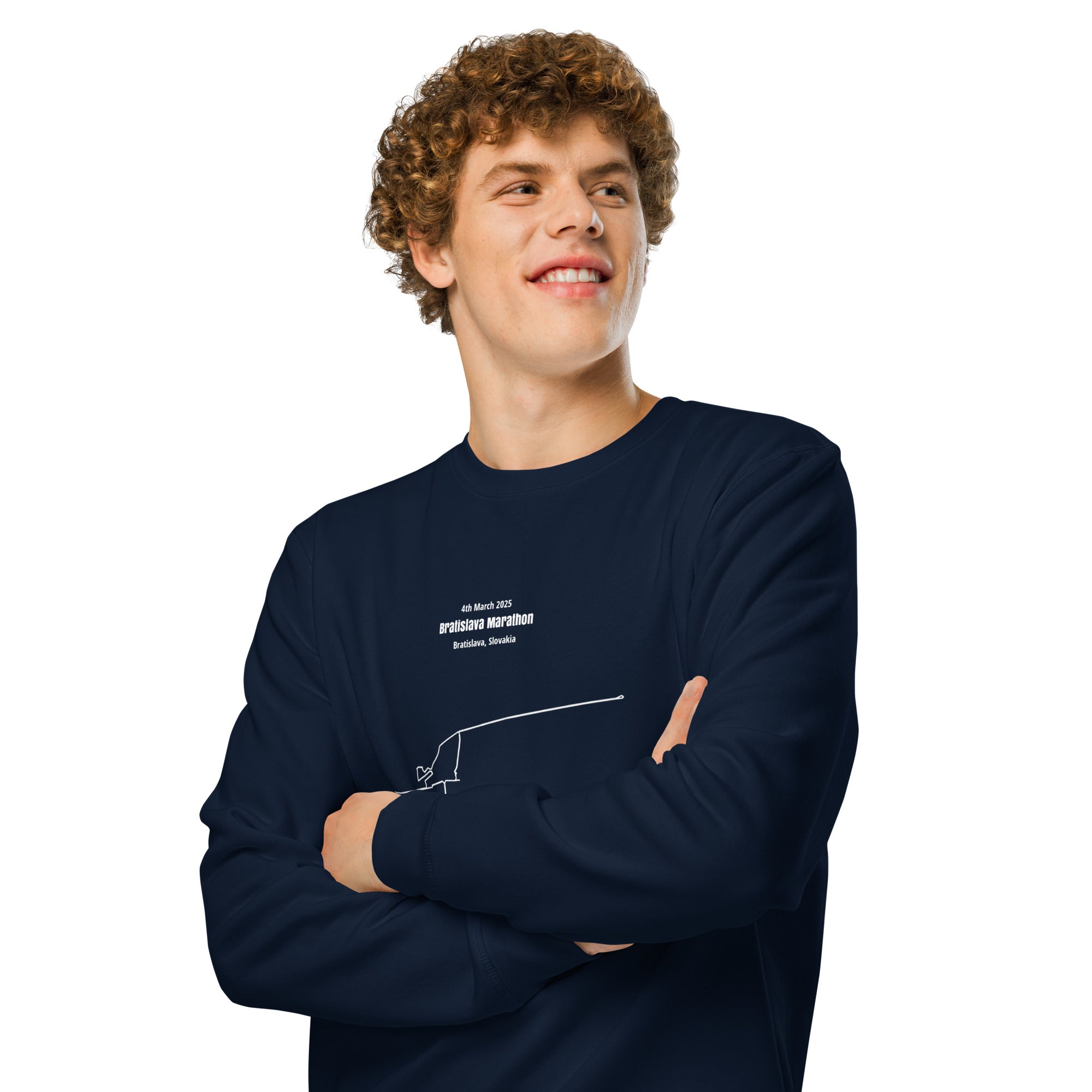 Man wearing a navy blue long-sleeve shirt with custom Strava route print art design on a white background
