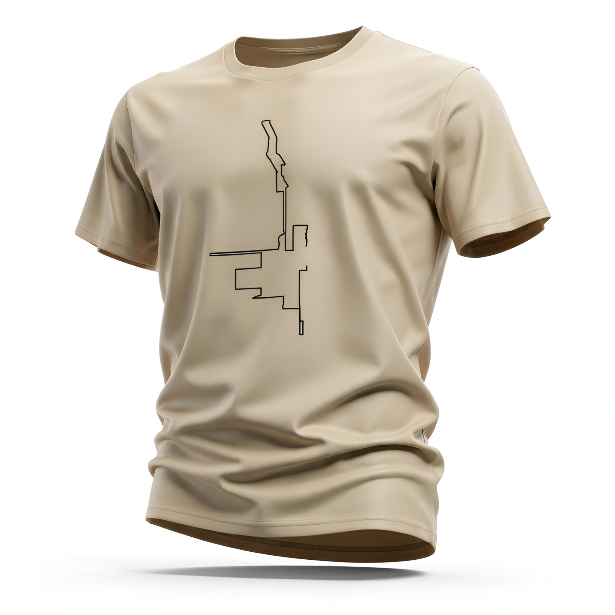 Beige t-shirt with a black custom Strava route print art design on a white background