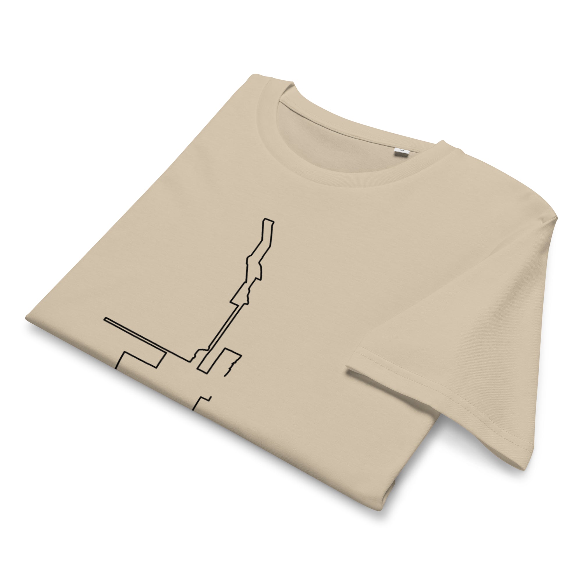Beige t-shirt with a black custom Strava route print art design on a white background