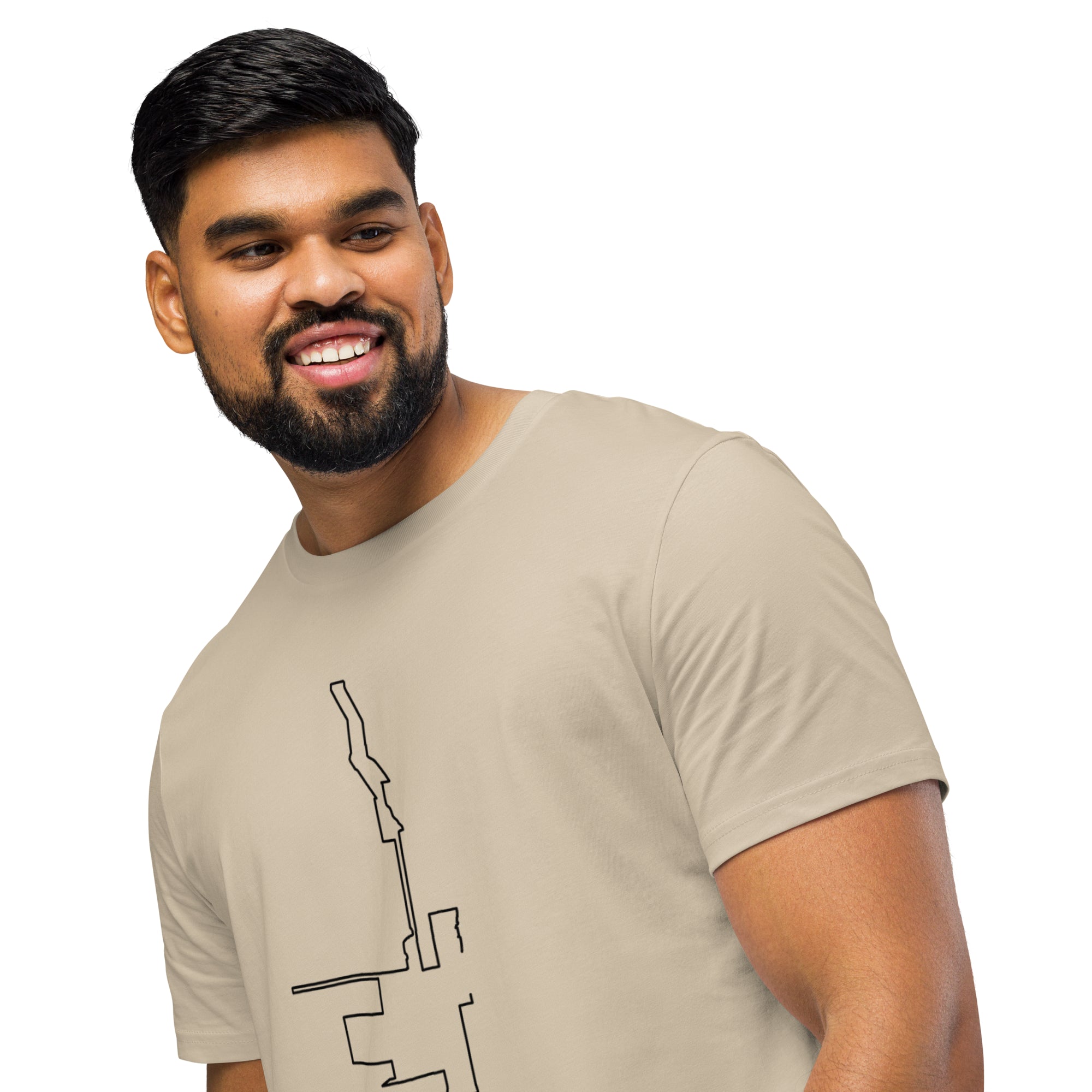 Man wearing a beige t-shirt with a custom Strava route print art design on a white background