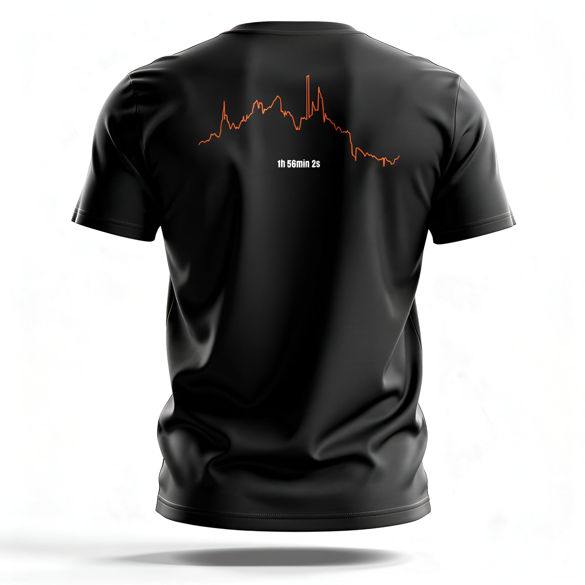 Black t-shirt with a red custom Strava route print art design on the back against a white background