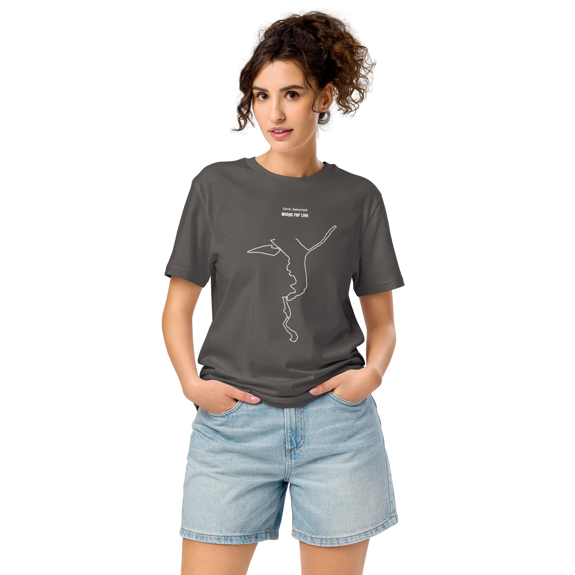Woman wearing a dark gray t-shirt with a white custom Strava route print art design on a white background
