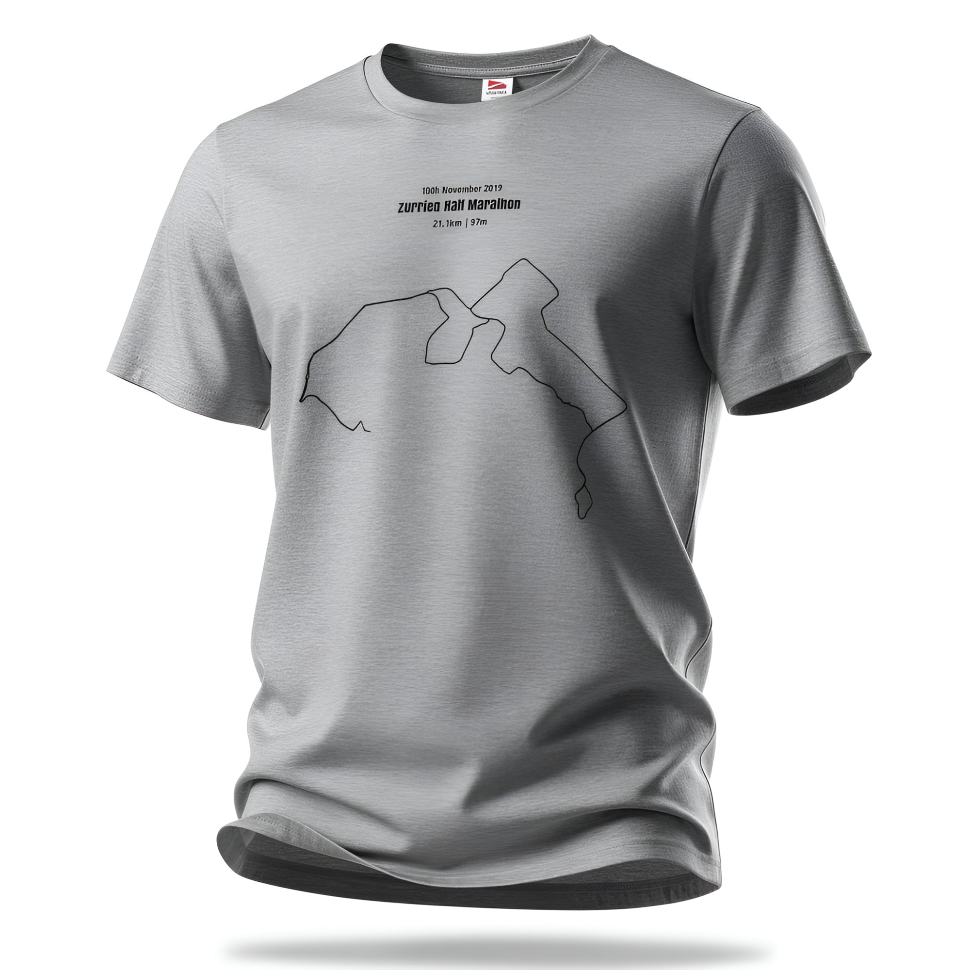 Gray t-shirt with a printed marathon custom Strava route print art on a white background