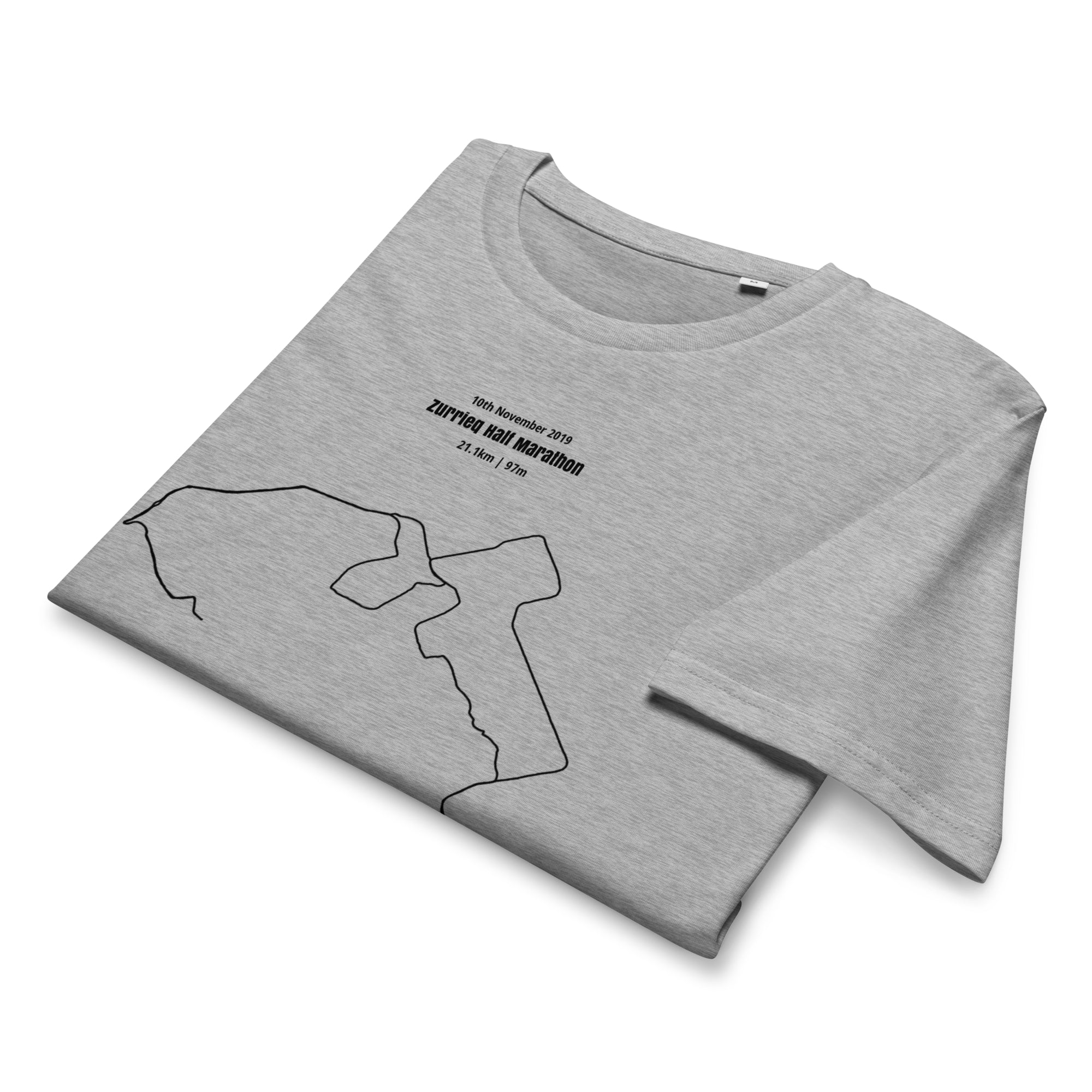 Gray t-shirt with black custom Strava route print art design and text on a white background