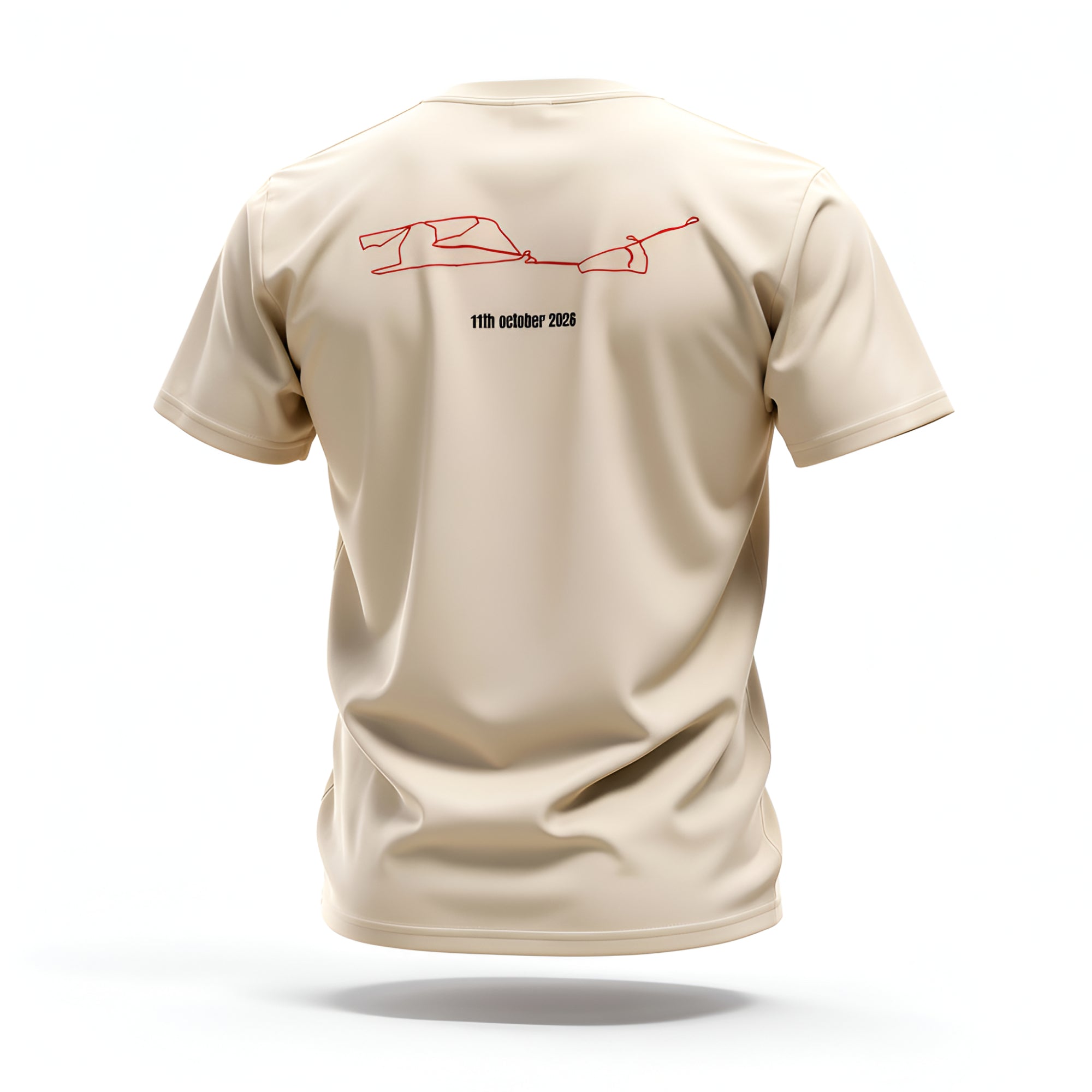 Beige t-shirt with red custom Strava route print art on the back against a white background
