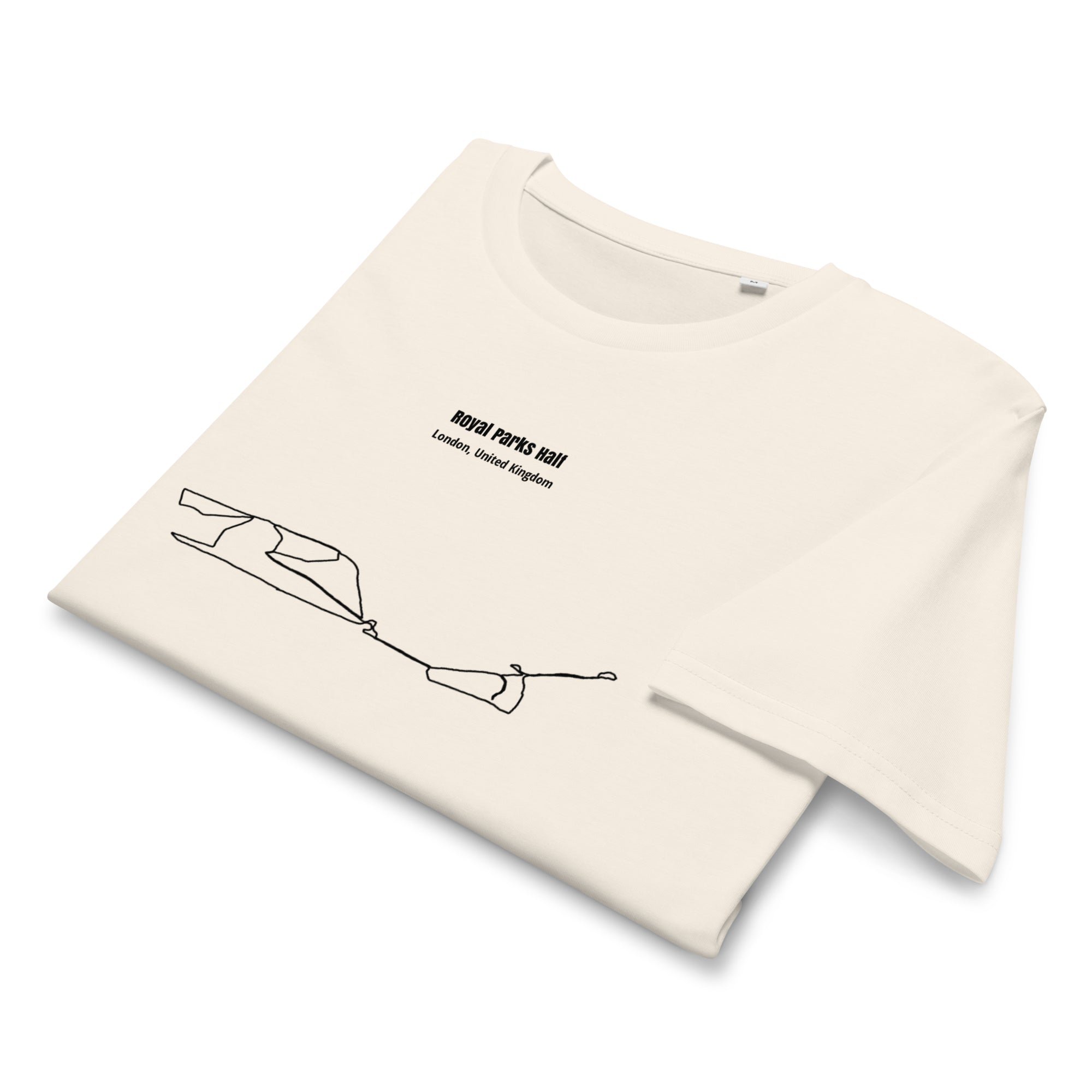 Beige t-shirt with a minimalist custom Strava route print art design on a white background