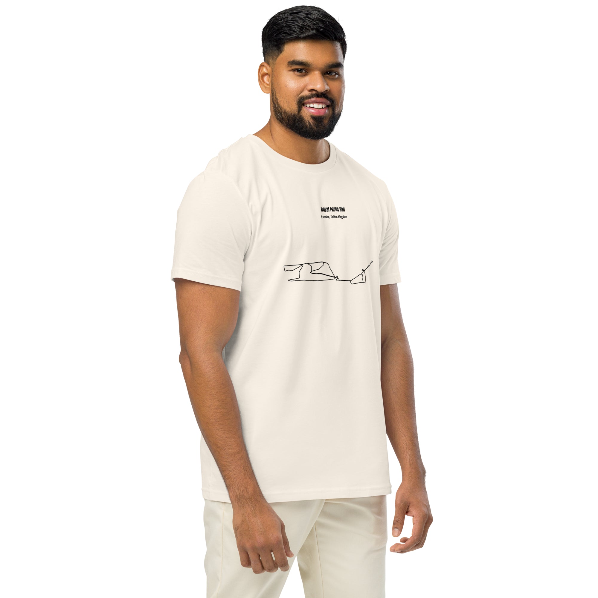 Man wearing a white t-shirt with text and custom Strava route print art on a white background