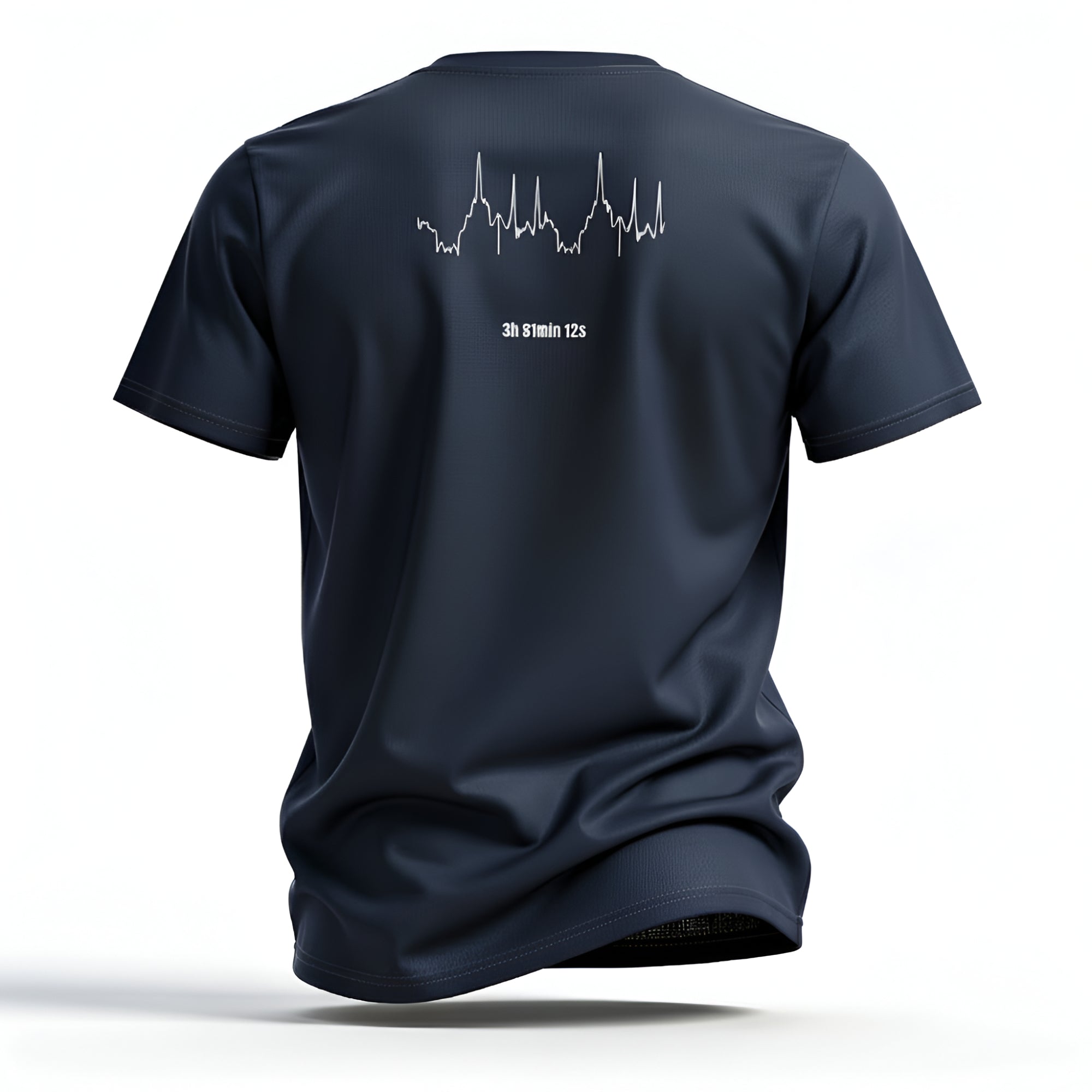 Navy blue t-shirt with a white custom Strava route print art on the back against a white background