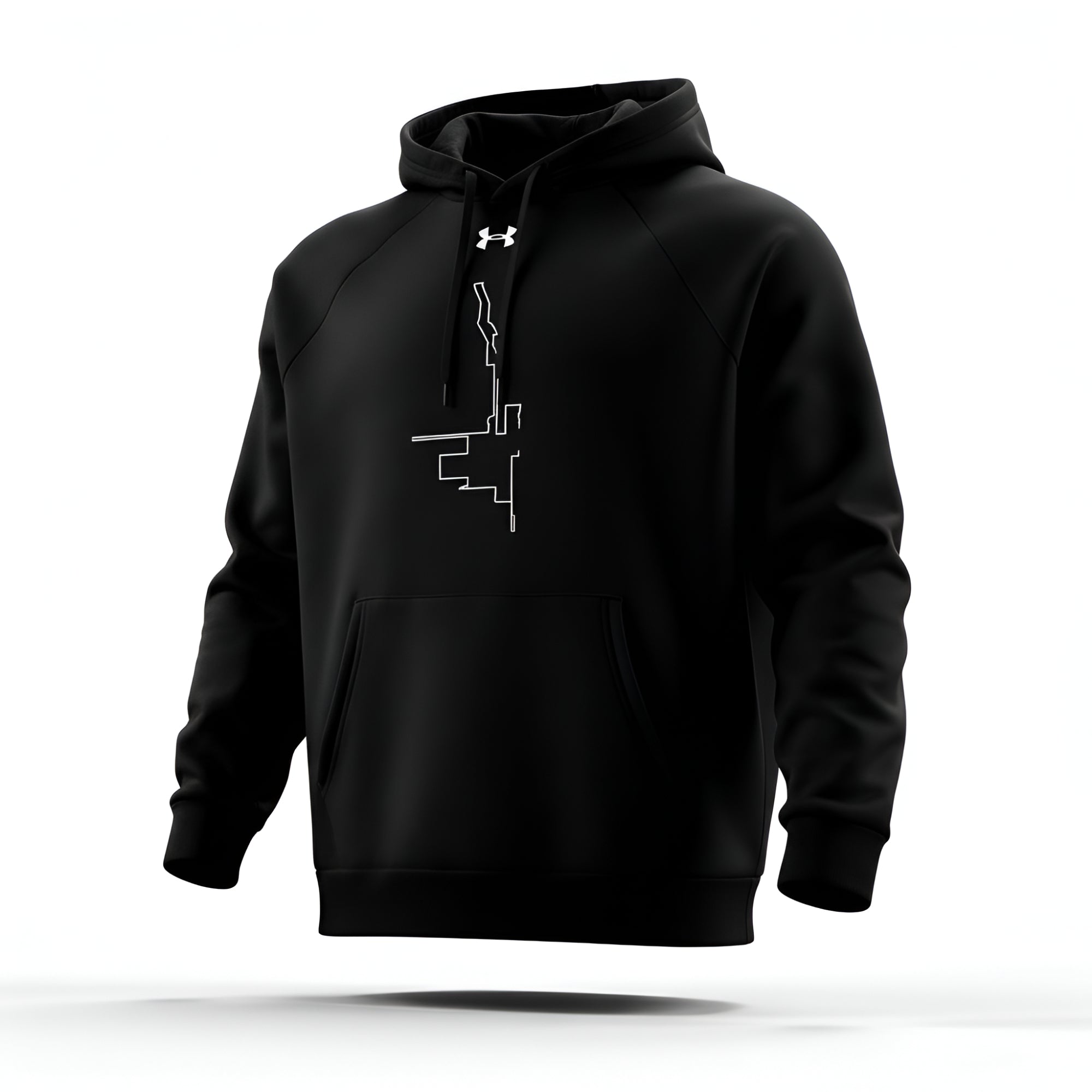 Black hoodie with a logo and custom Strava route print on a white background