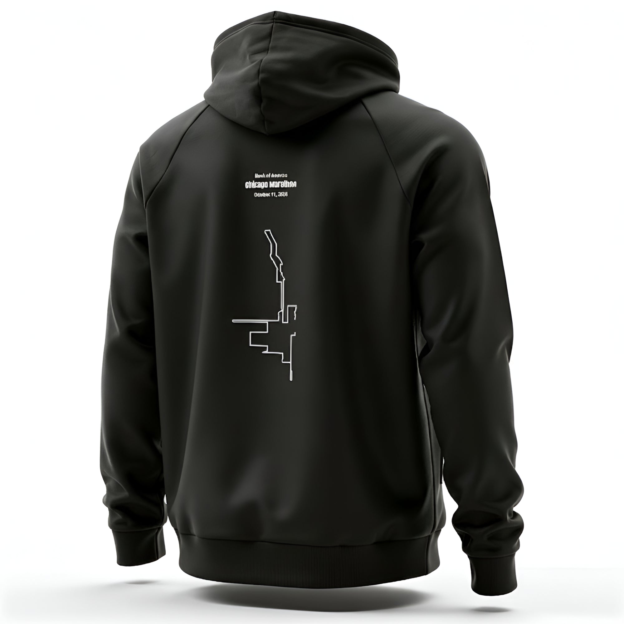 Black hoodie with white text and custom Strava route print design on the back against a white background