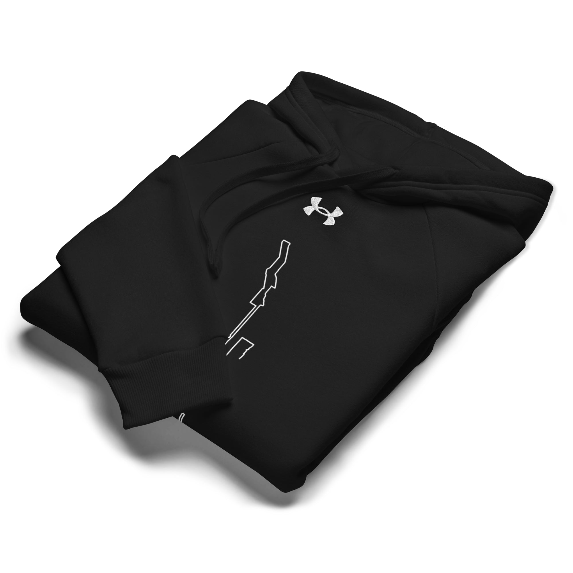Folded black hoodie with Under Armour logo and custom Strava route print on a white background
