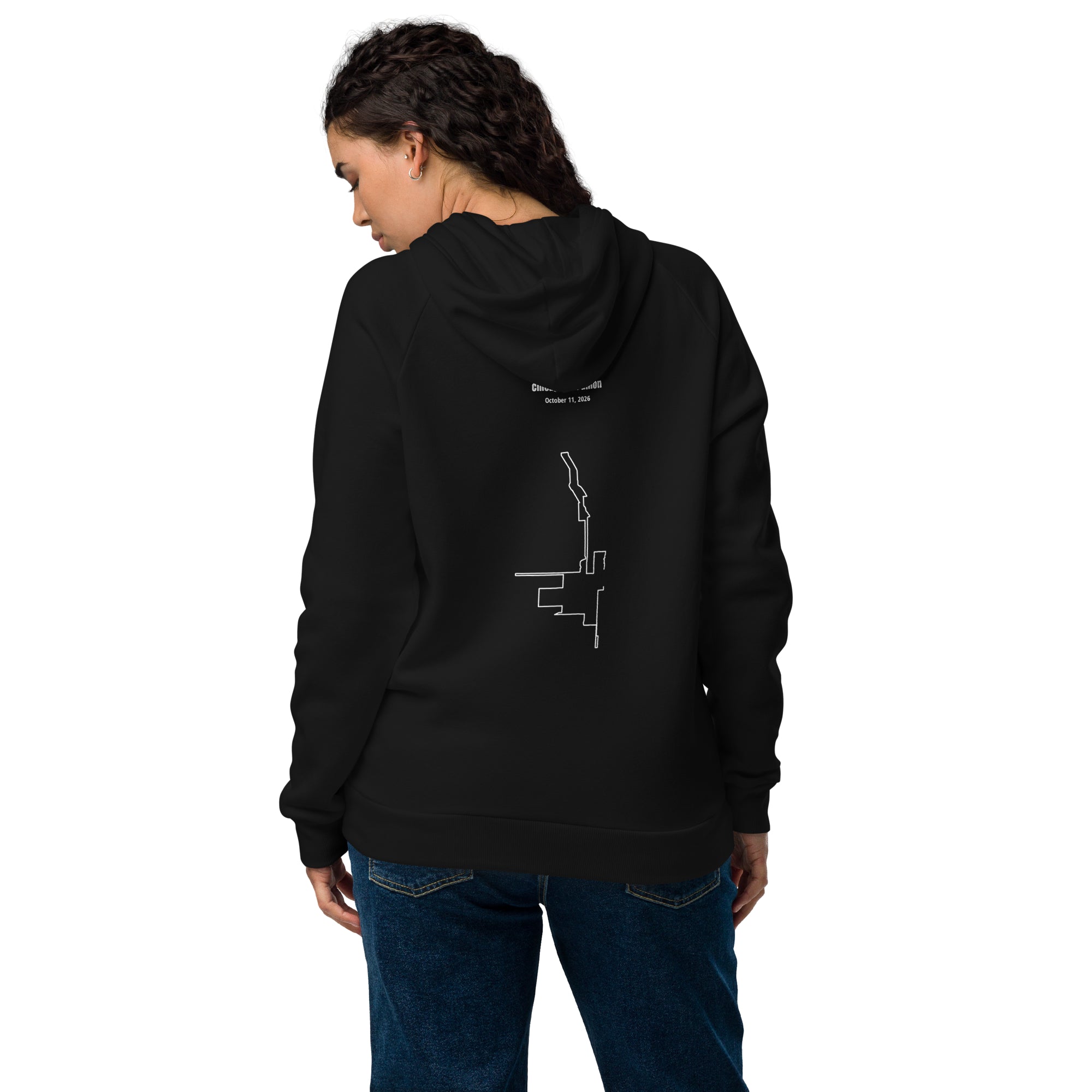 Person wearing a black hoodie with a custom Strava route print design on the back, standing against a white background