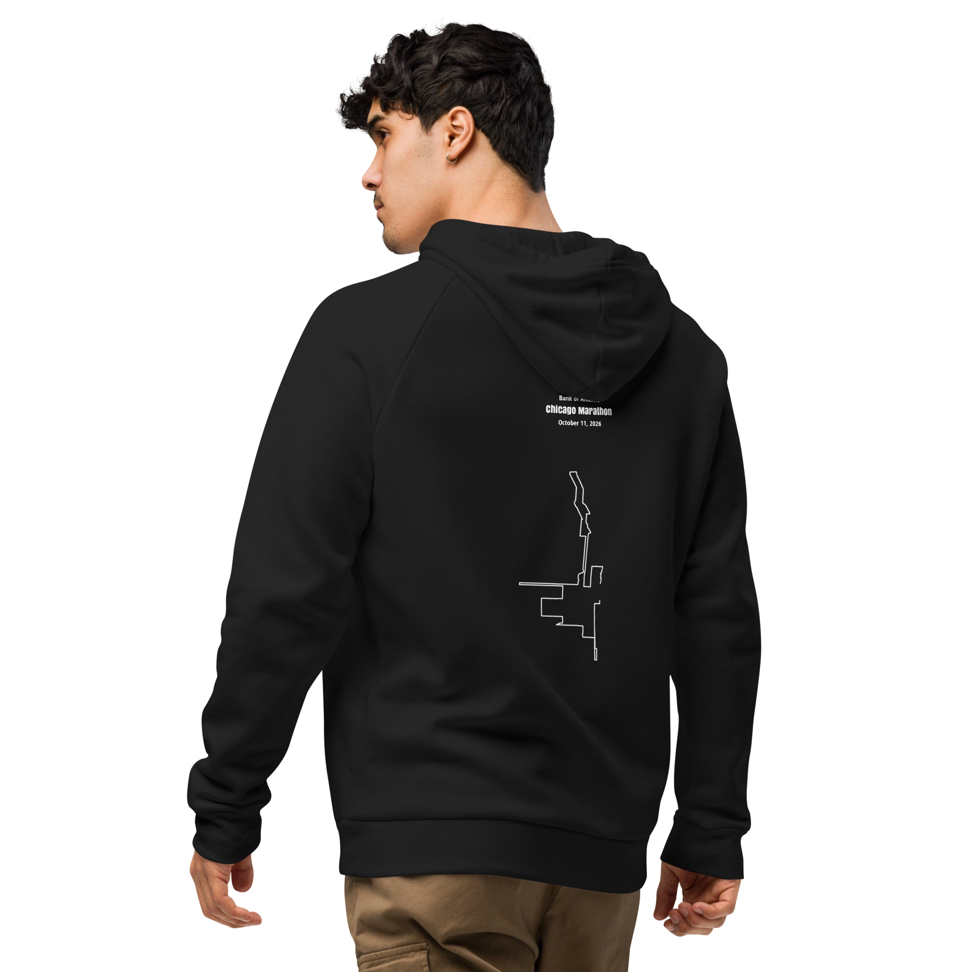 Person wearing a black hoodie with a custom Strava route print design on the back, standing against a white background