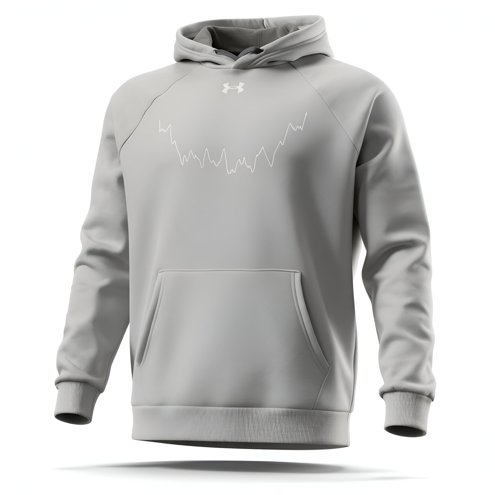 Gray hoodie with Under Armour logo and custom Strava route print on a white background