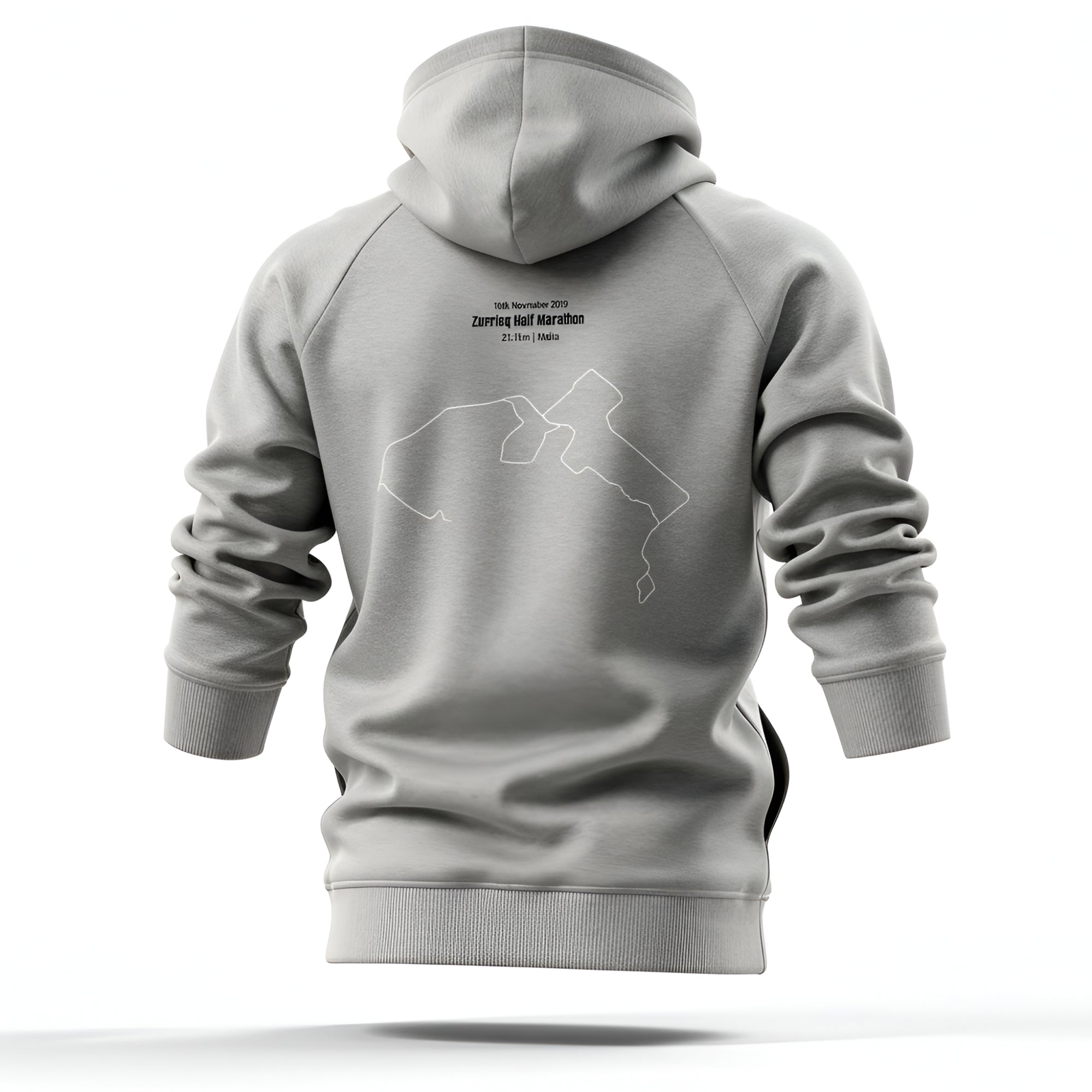 Gray hoodie with a custom Strava route print design on the back on a white background