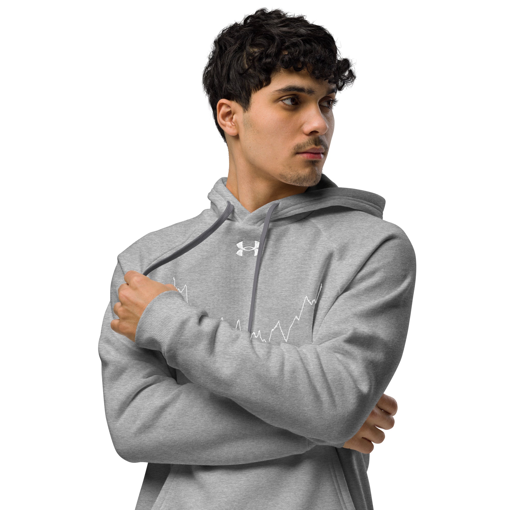 Person wearing a gray Under Armour hoodie with custom Strava route print on a white background