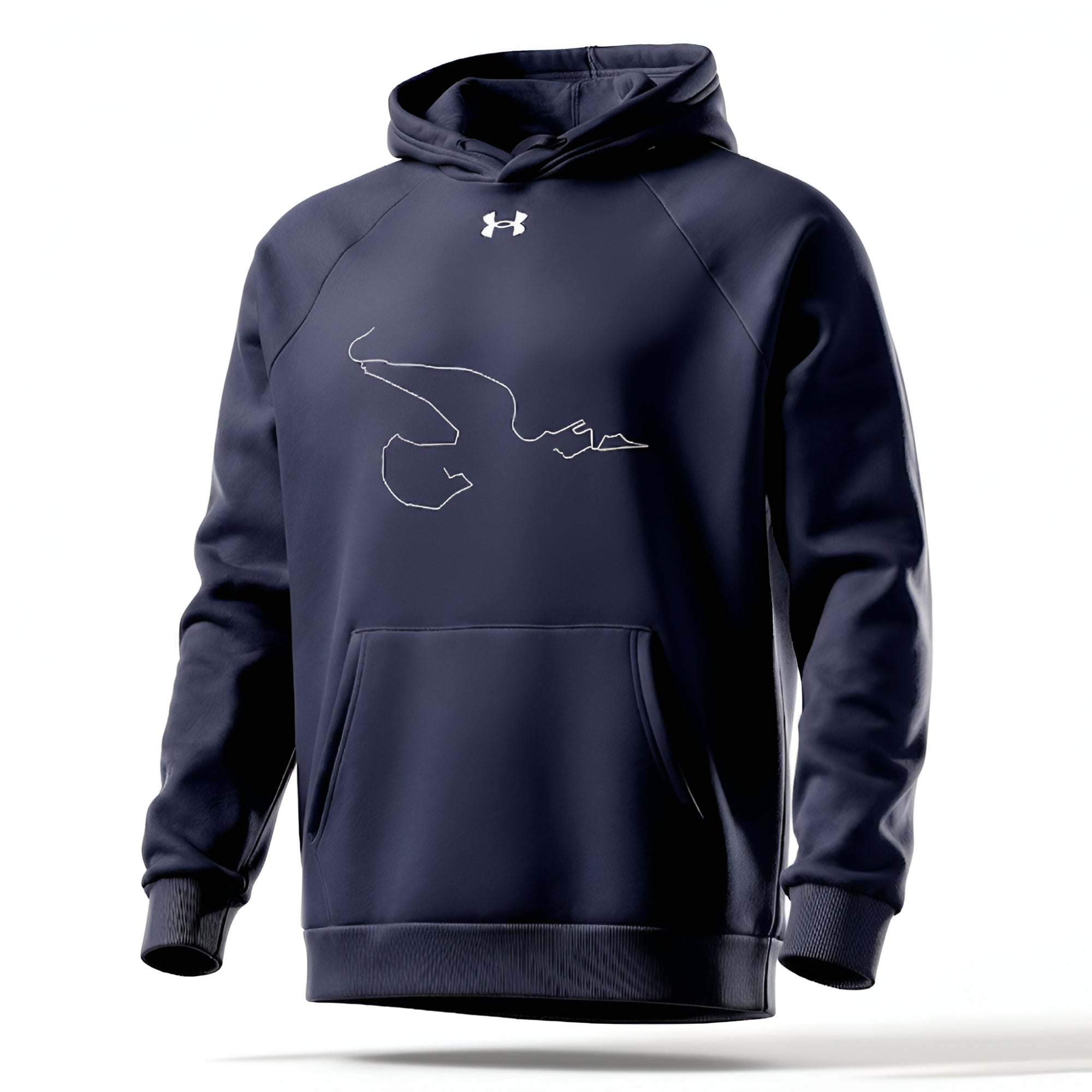 Navy blue hoodie with a logo and custom Strava route print on a white background