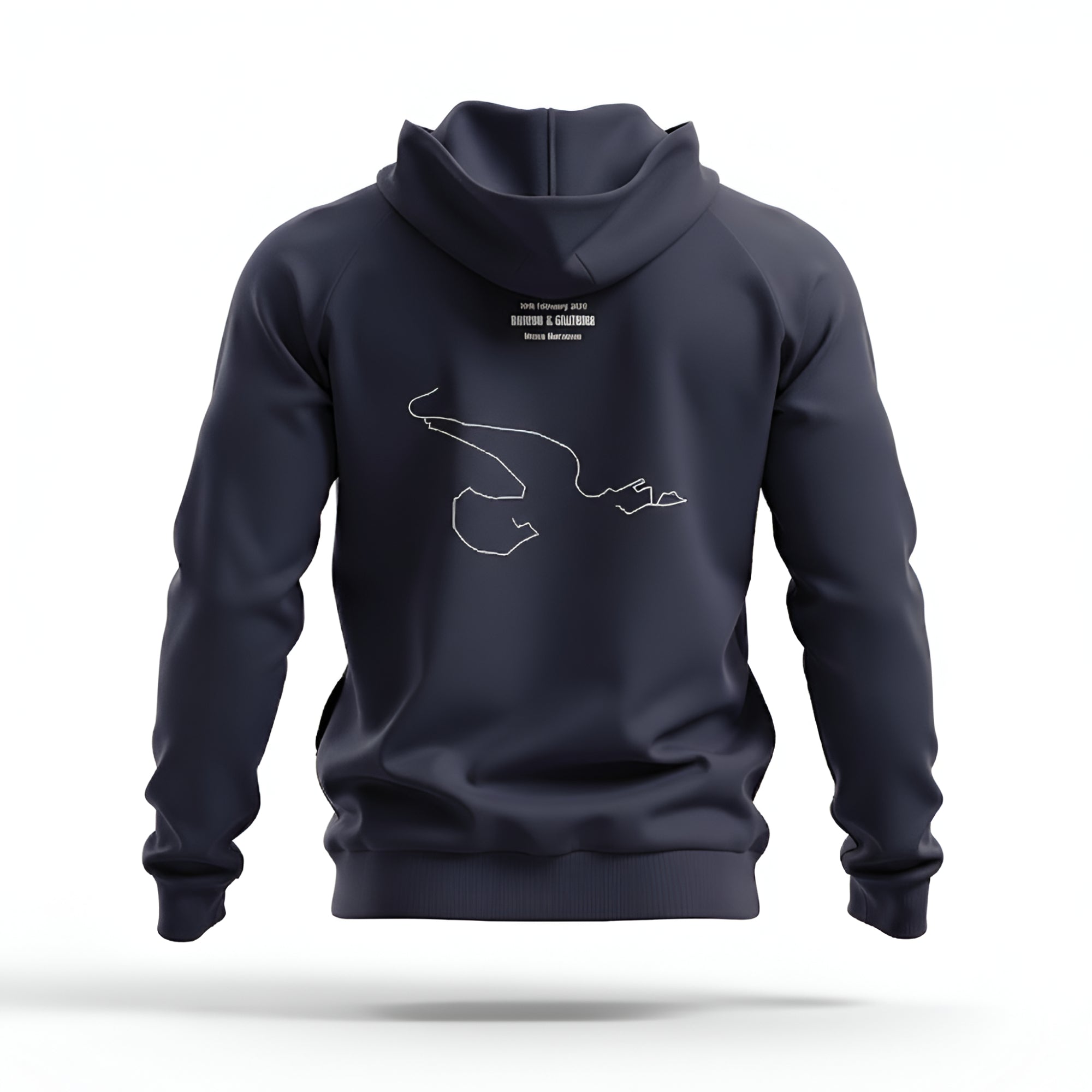 Navy blue hoodie with a white custom Strava route print on the back against a white background