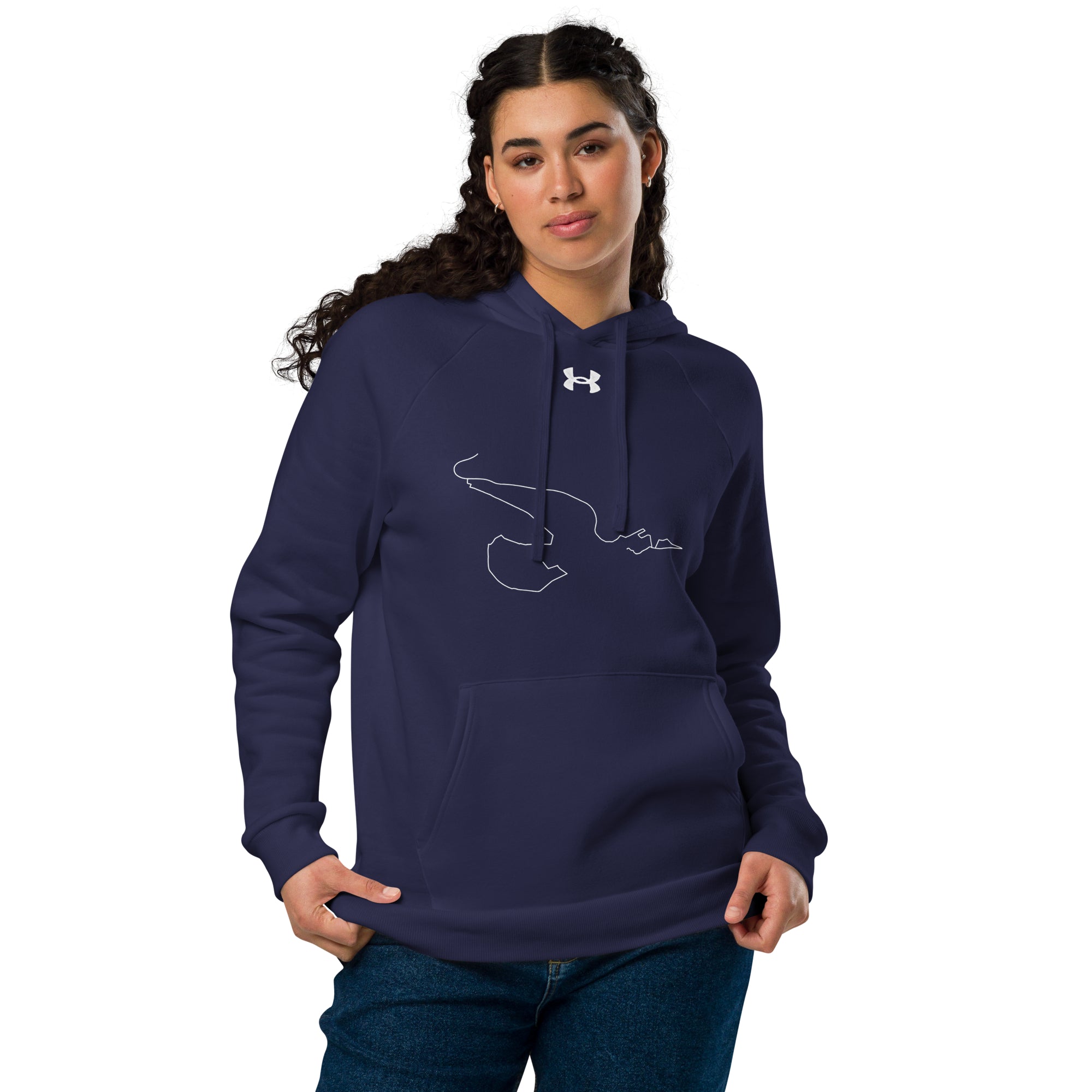 Person wearing a navy blue hoodie with a logo and custom Strava route print on a white background