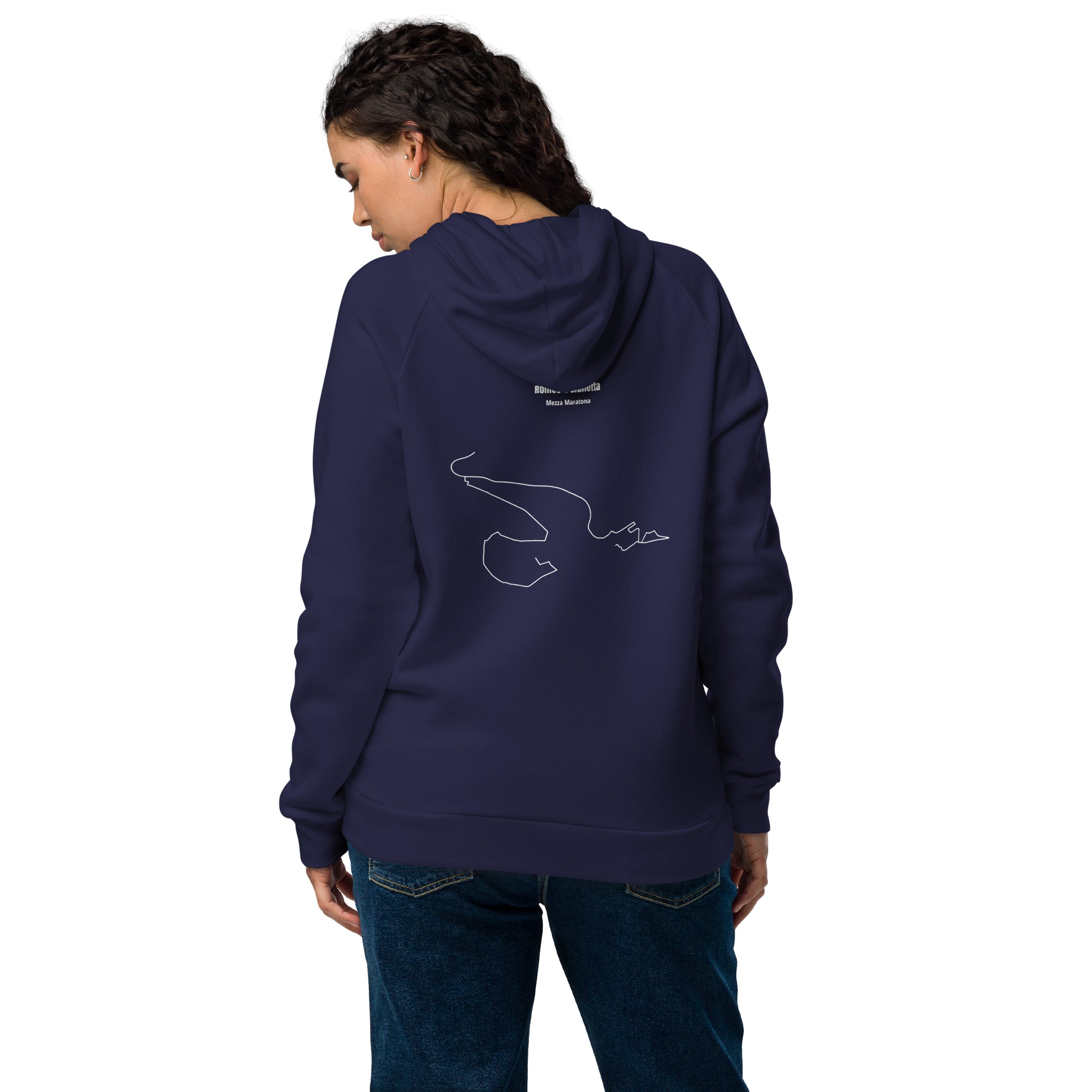 Person wearing a navy blue hoodie with a logo on the back and custom Strava route print, standing against a white background