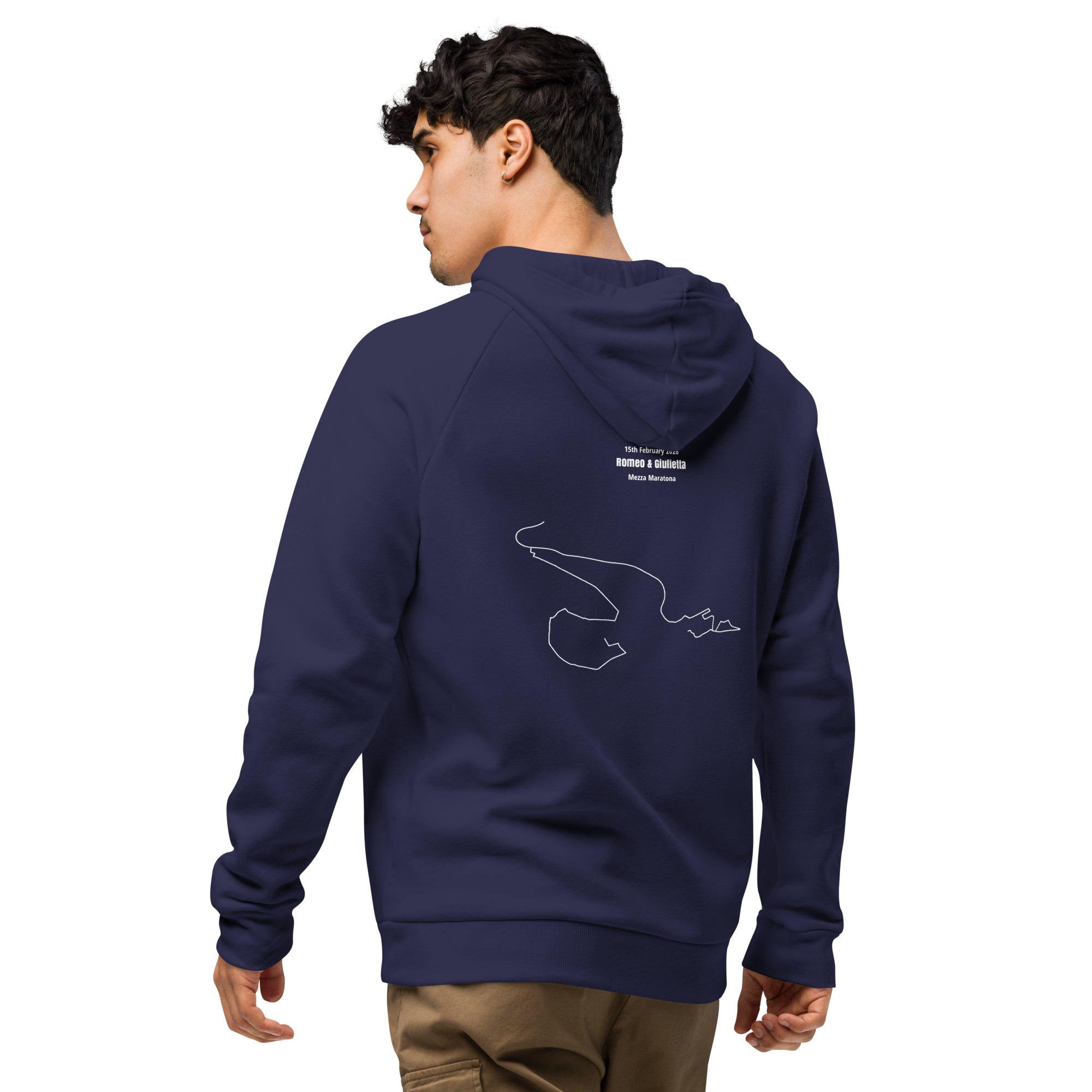 Person wearing a navy blue hoodie with a logo and custom Strava route print on the back, standing against a white background