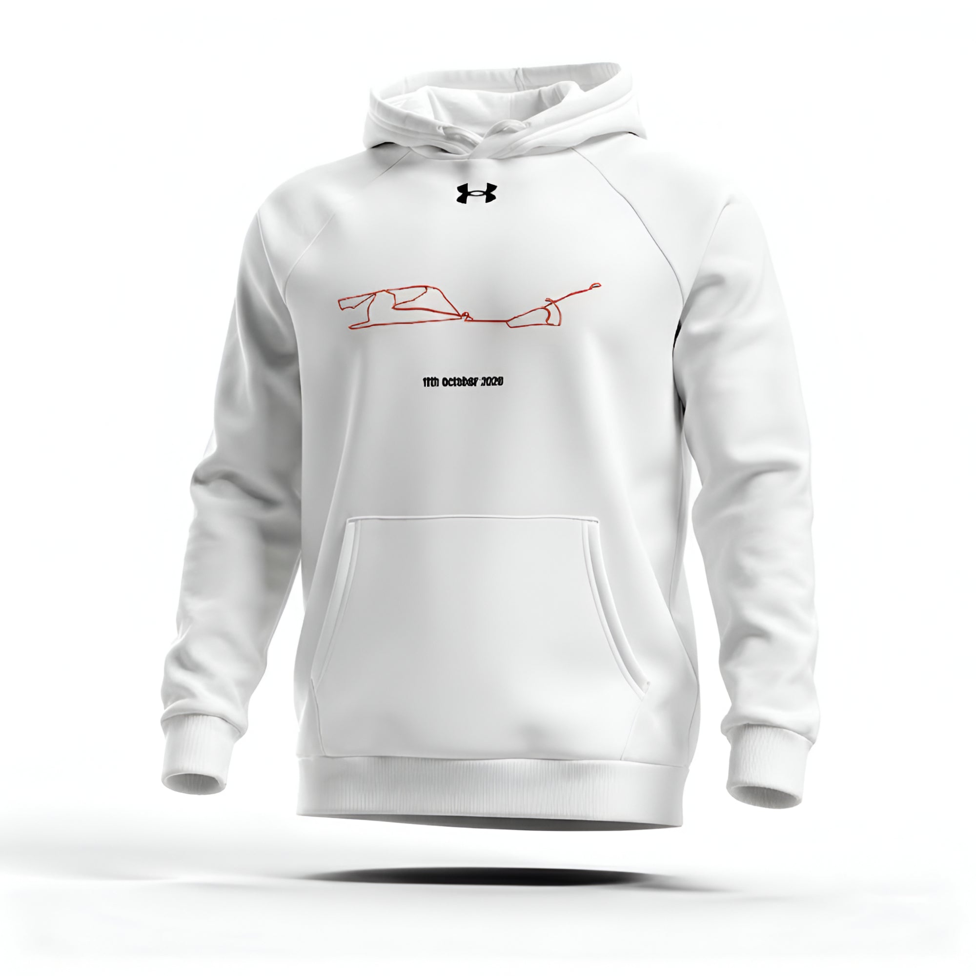 White hoodie with red custom Strava route print design on a white background
