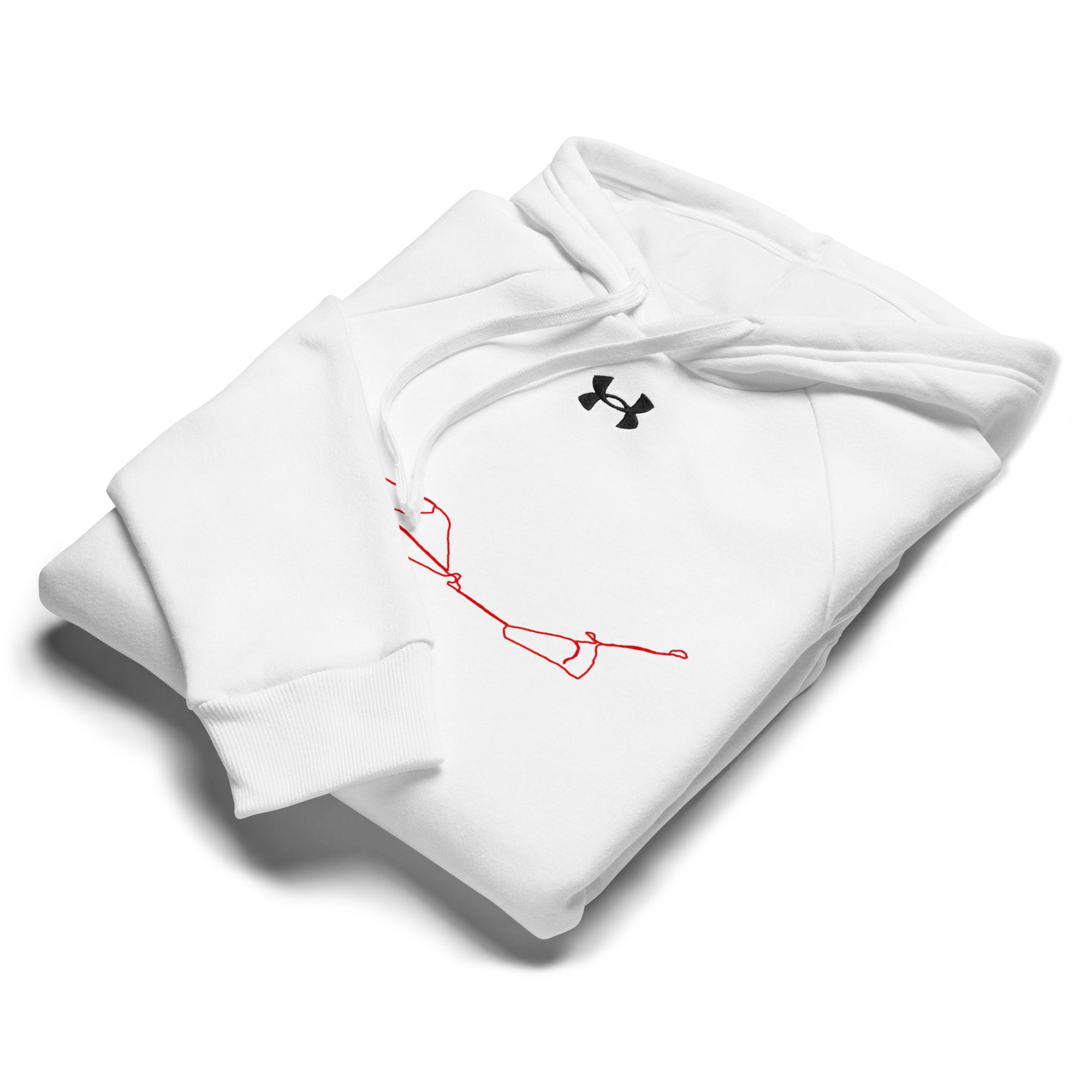 White hoodie with red custom Strava route print design and black logo on a white background