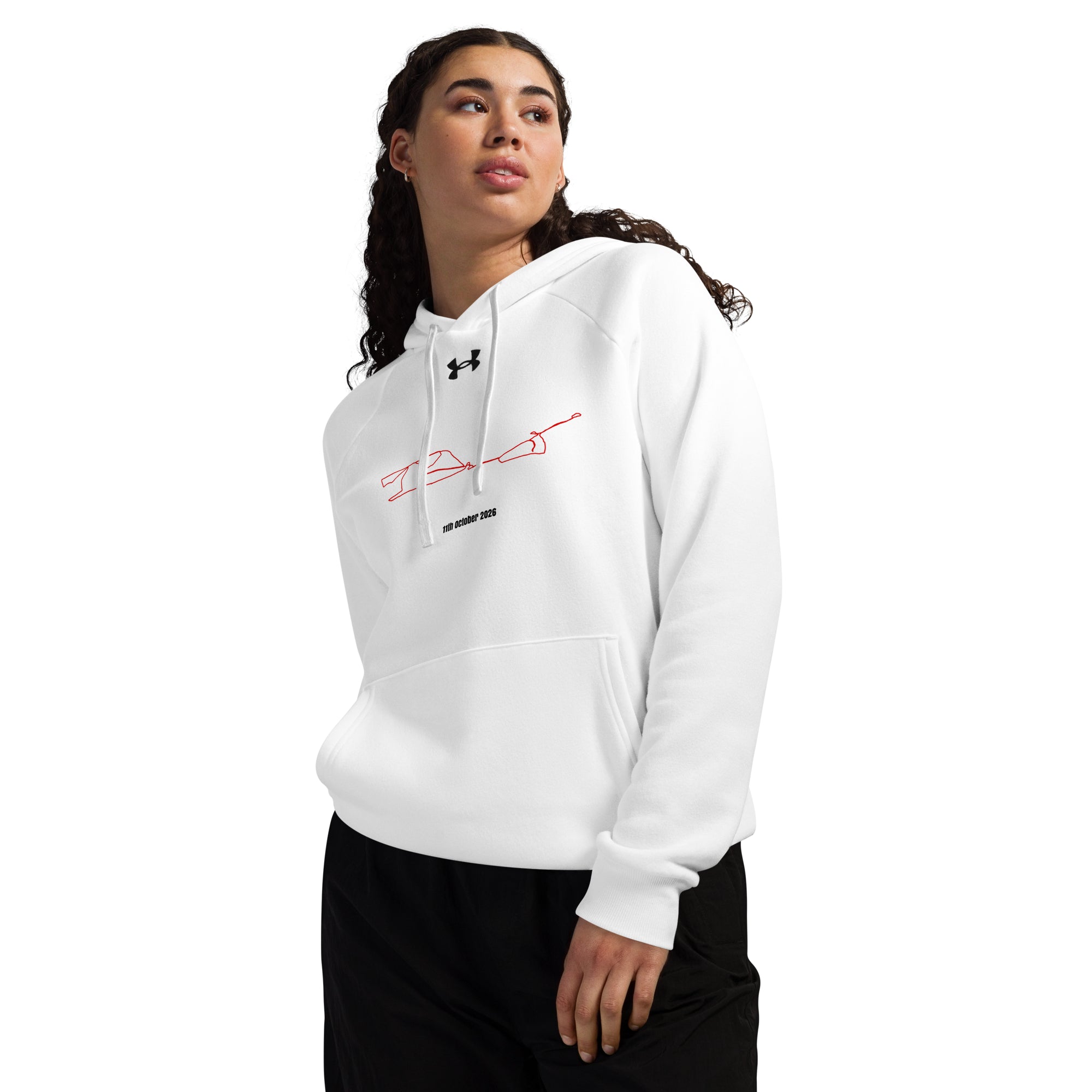 Person wearing a white Under Armour hoodie with a logo and custom Strava route print on a white background
