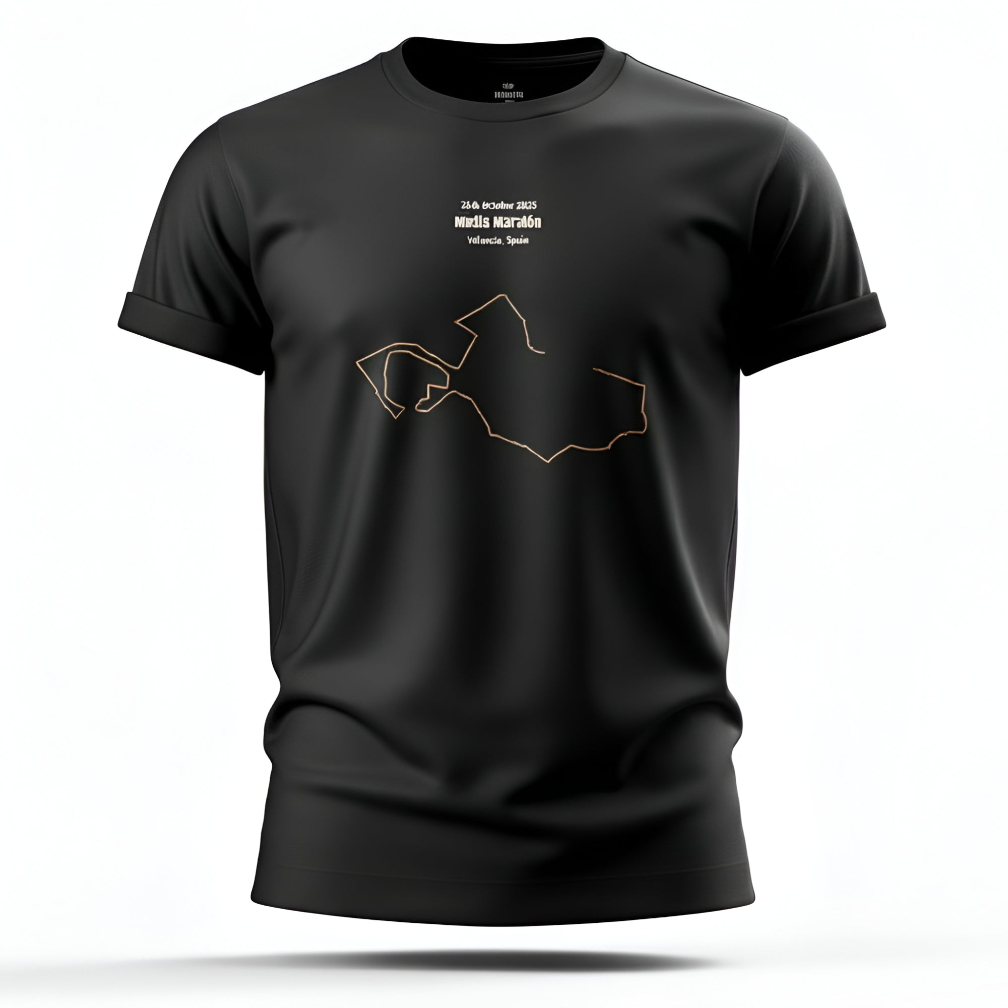 Black t-shirt with a custom Strava route print design and text on a white background