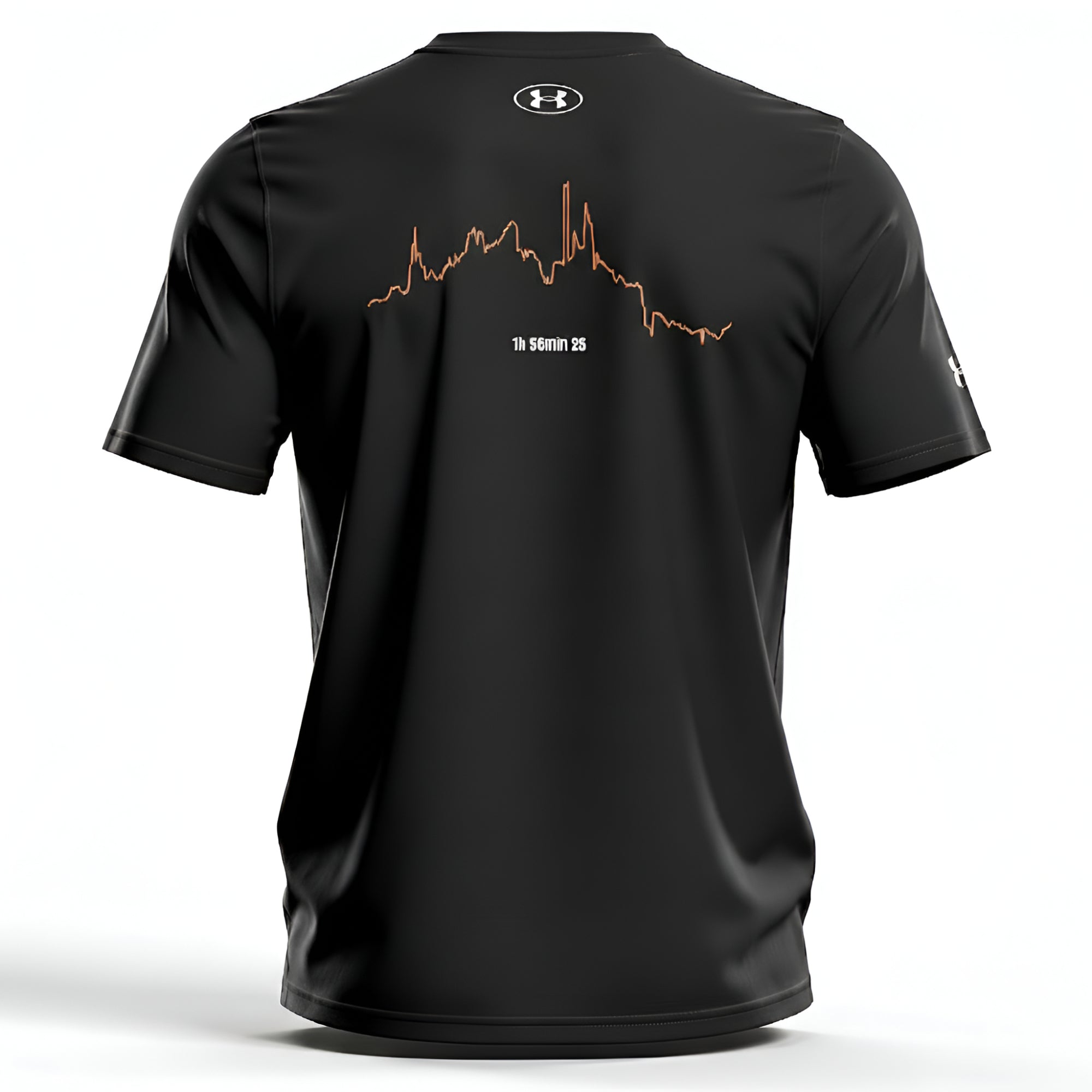 Black t-shirt with a custom Strava route print design on the back against a white background