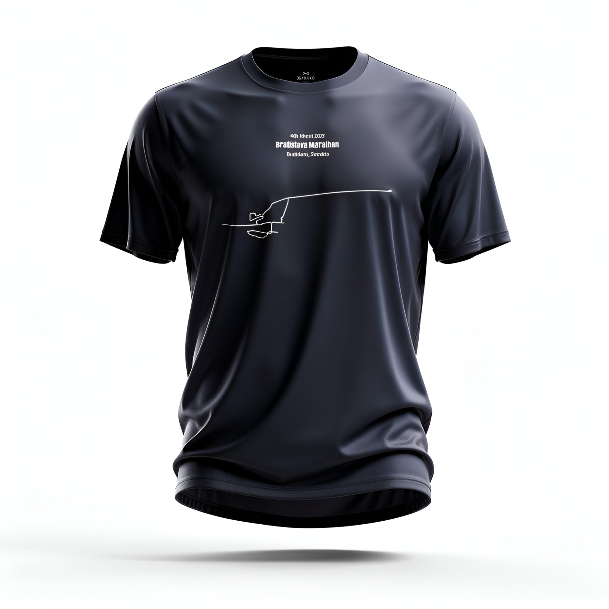 Navy t-shirt with white text and custom Strava route print design on a white background