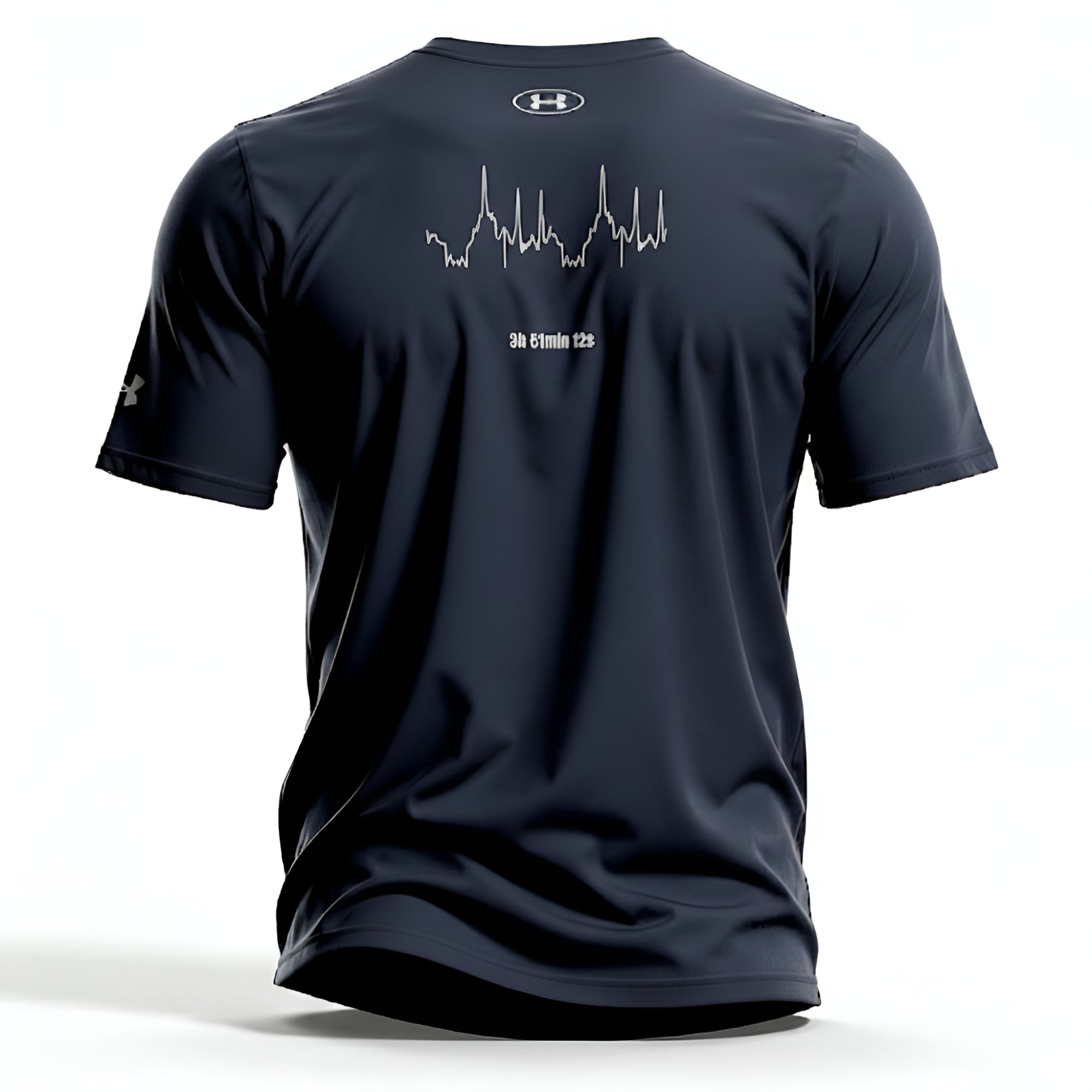 Navy blue t-shirt with a custom Strava route print design on the back, displayed against a white background