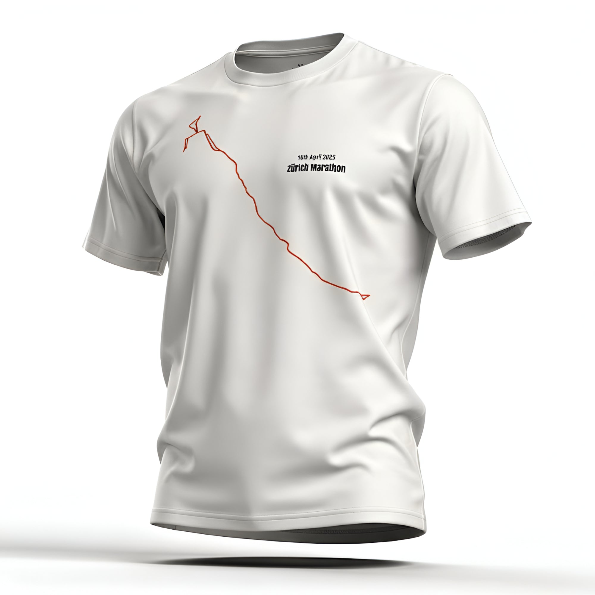 White t-shirt with red custom Strava route print design and text on a white background