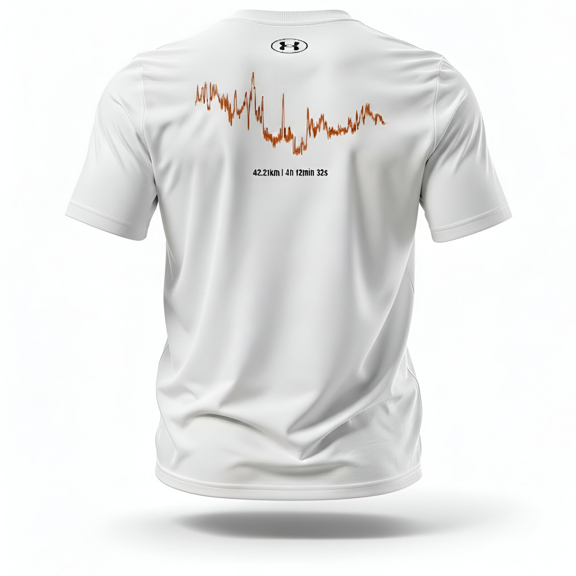 White t-shirt with custom Strava route print design and Under Armour logo on a white background