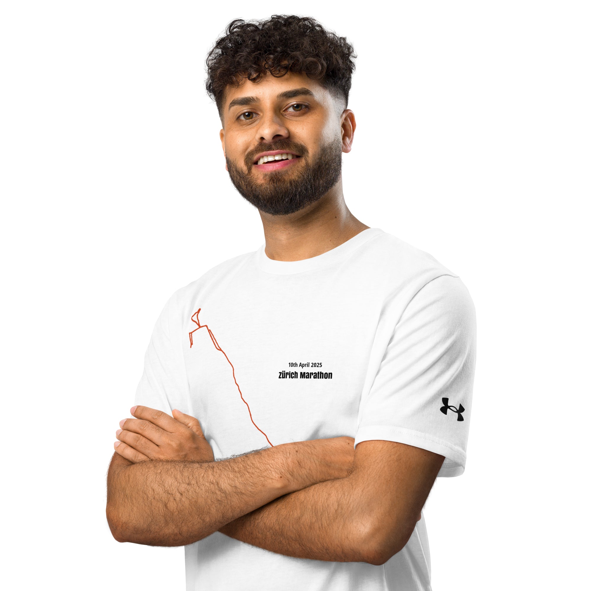 Man wearing a white t-shirt with Under Armour logo and custom Strava route print on a white background