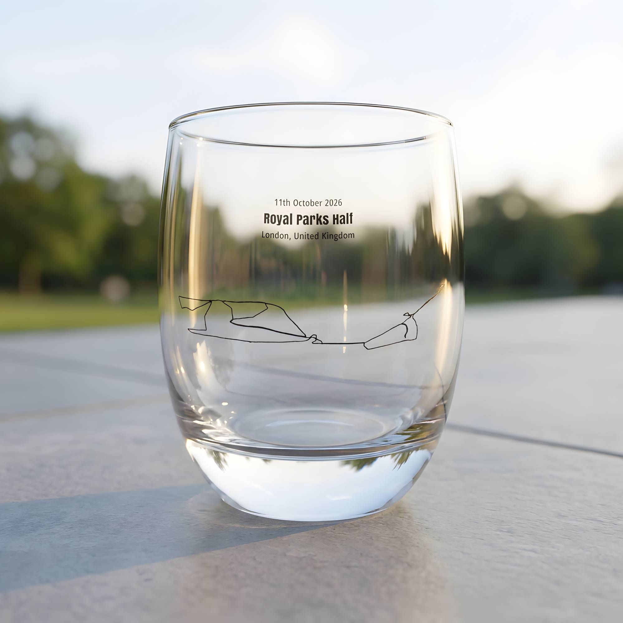 Clear glass with printed text and custom Strava route art design on a blurred outdoor background