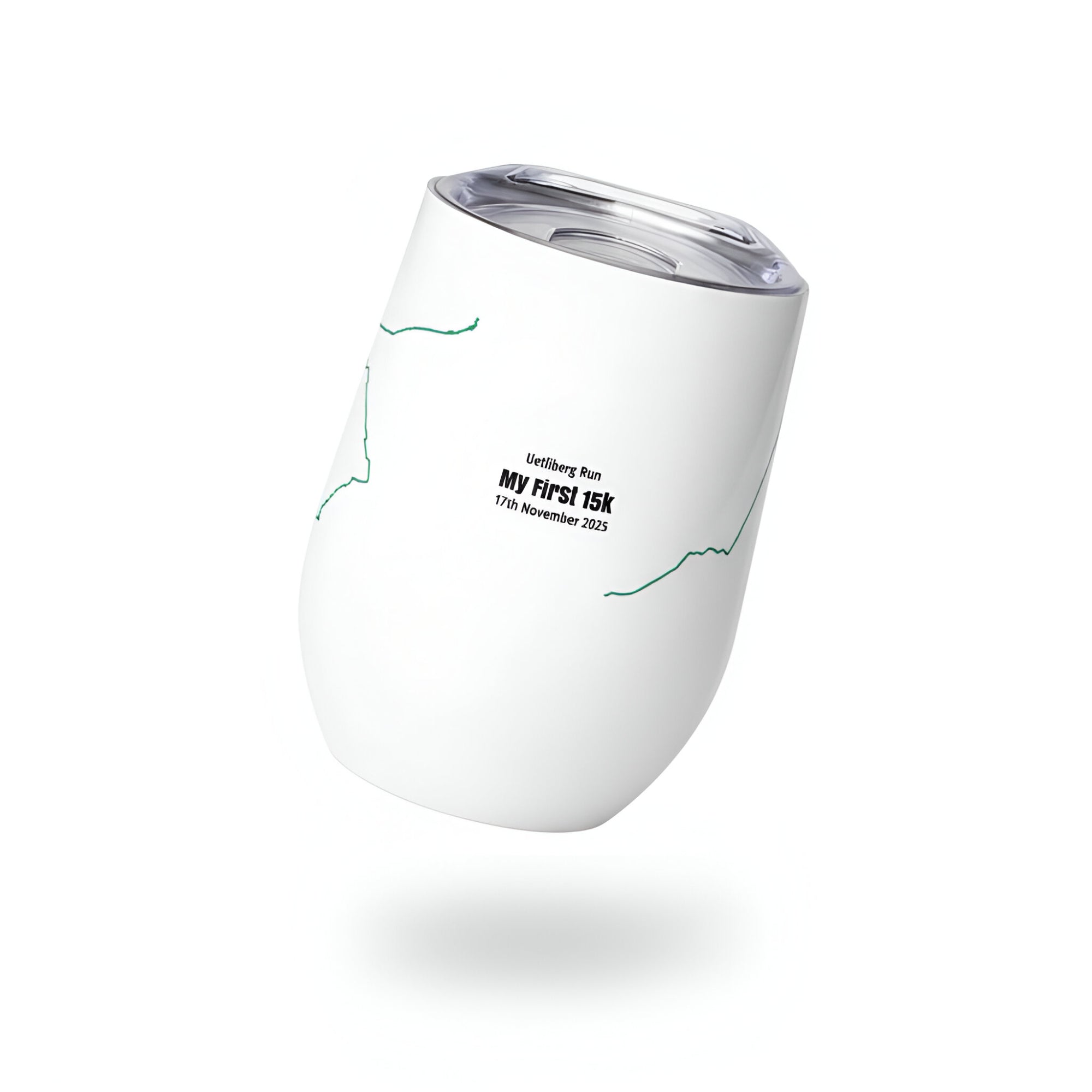 White insulated tumbler with text and custom Strava route print art on a white background