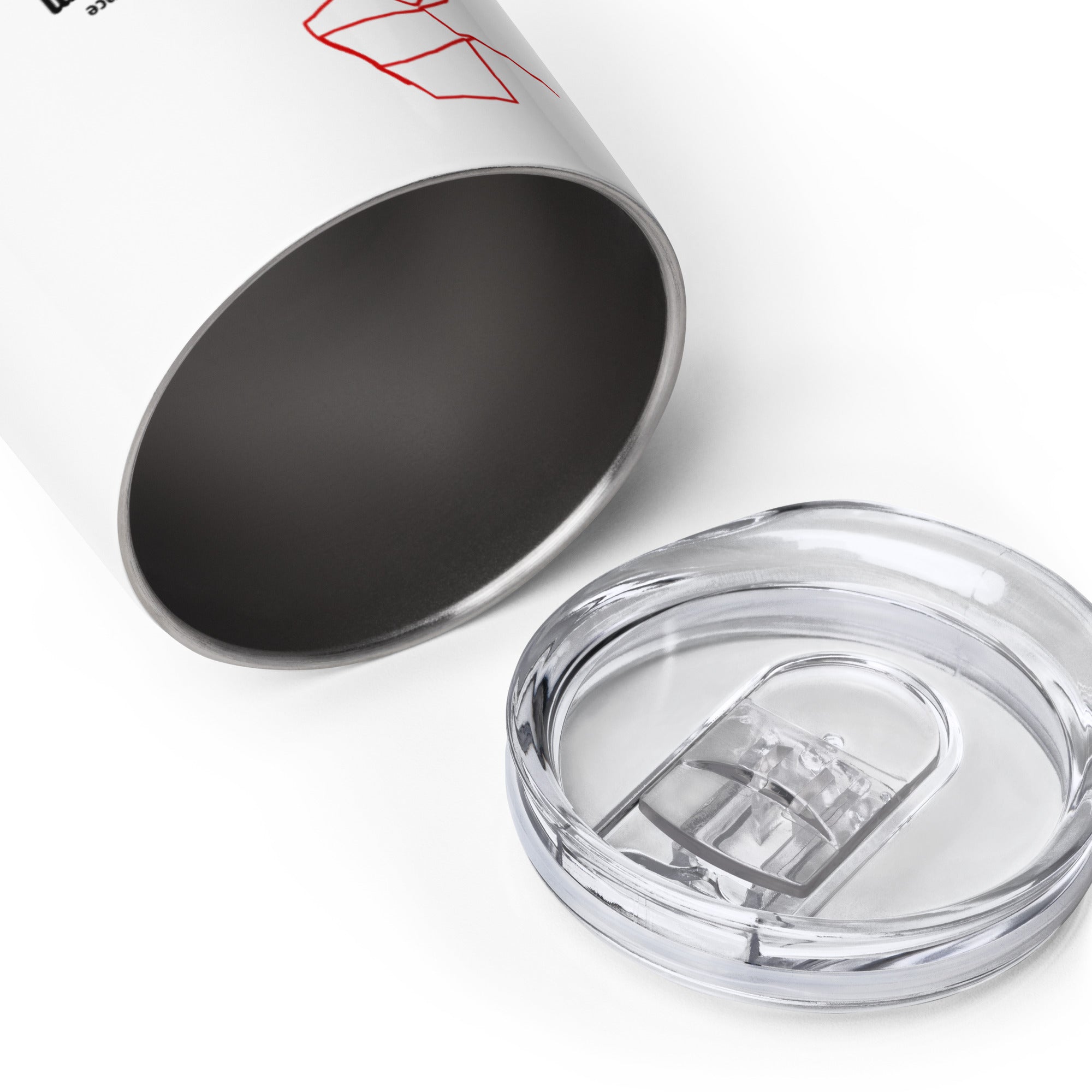 Close-up of a white tumbler with a black interior and clear lid, with custom Strava route print art on a white background.