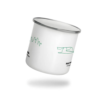 White metal cup with green and black text and custom Strava route print on a white background
