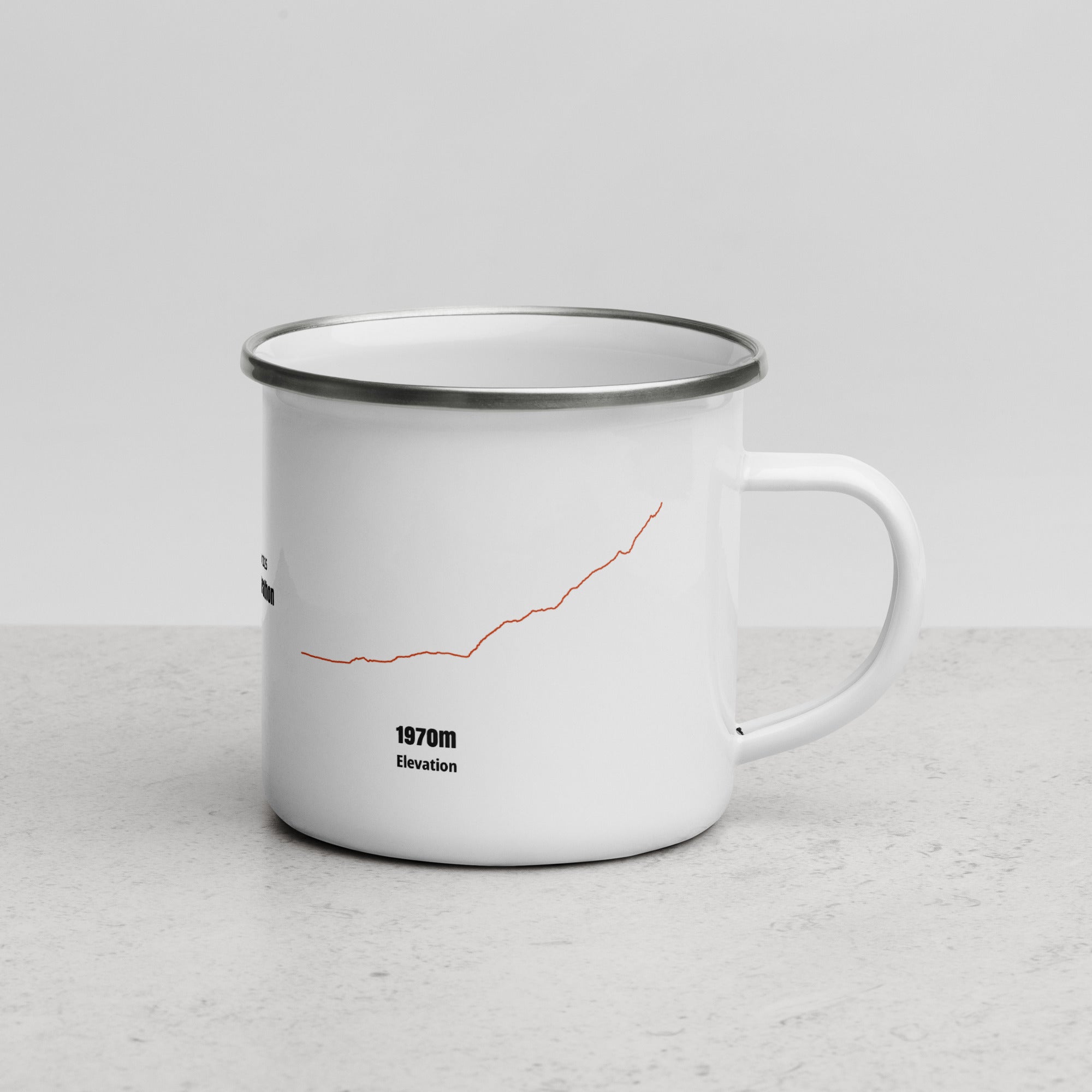 White mug with black rim and custom Strava route print design on a light gray background