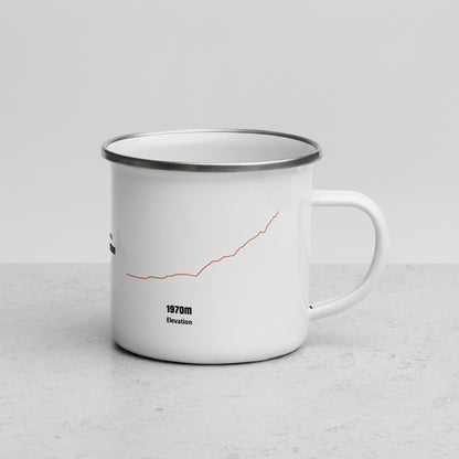 White mug with black rim and custom Strava route print design on a light gray background