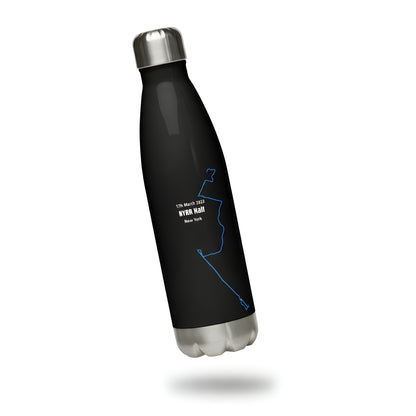 Black water bottle with blue custom Strava route print art on a white background