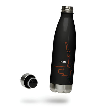 Black water bottle with red custom Strava print art design and silver cap on a white background