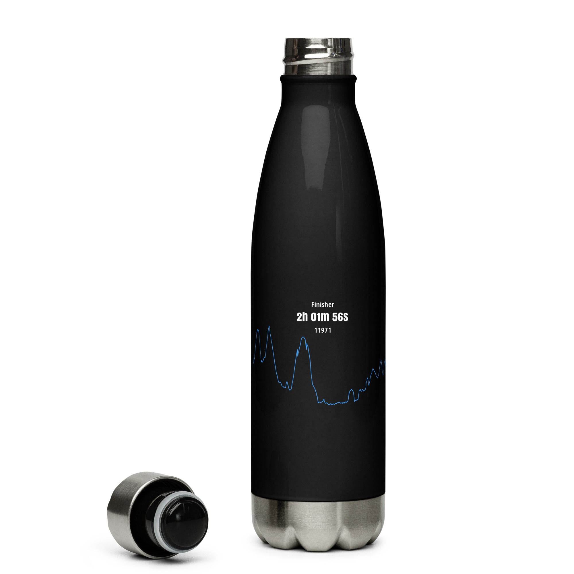 Black insulated bottle with custom Strava print art and a silver cap on a white background
