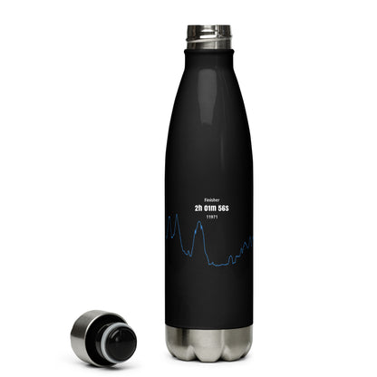 Black insulated bottle with custom Strava print art and a silver cap on a white background