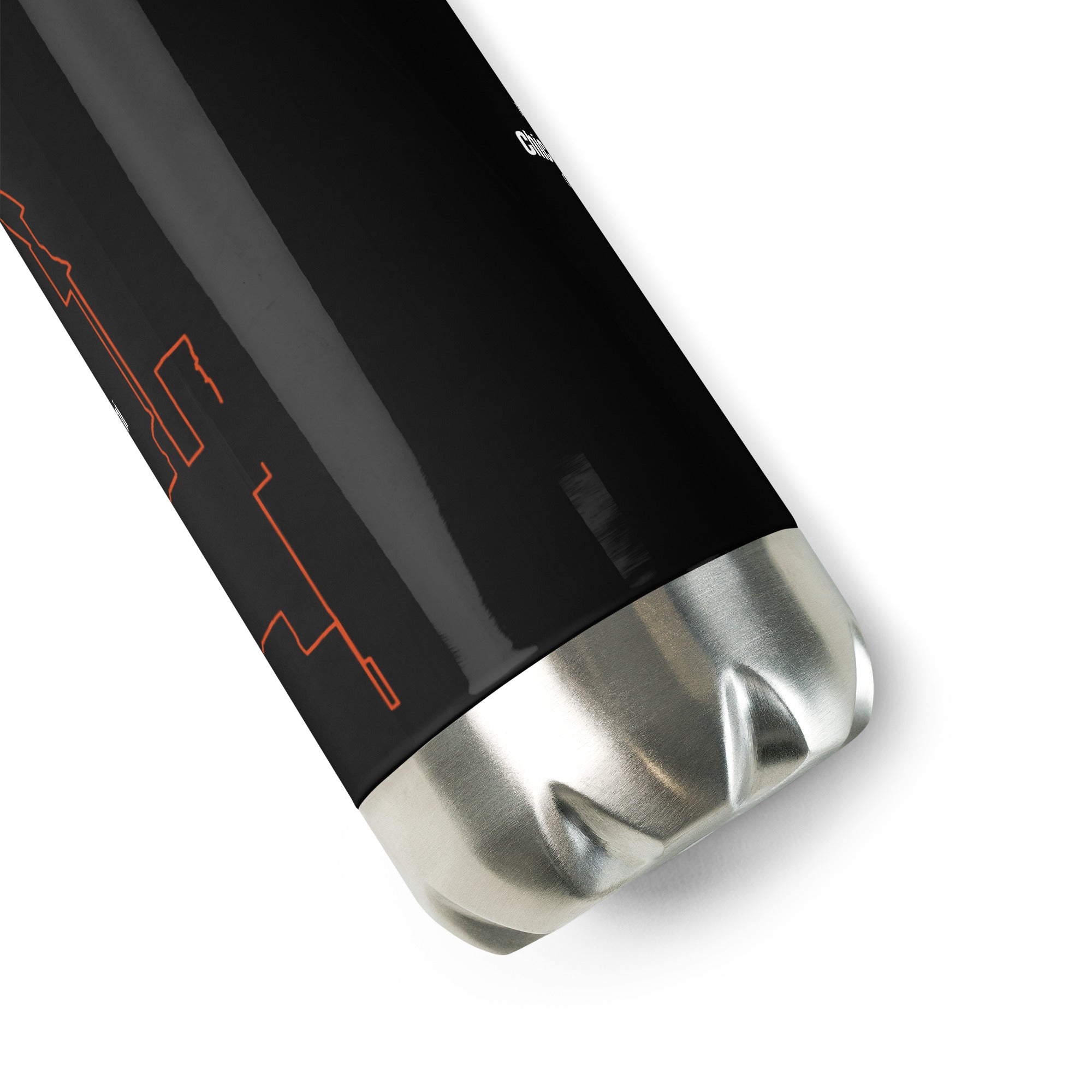 Black and silver cylindrical object with red custom Strava print art design on a white background