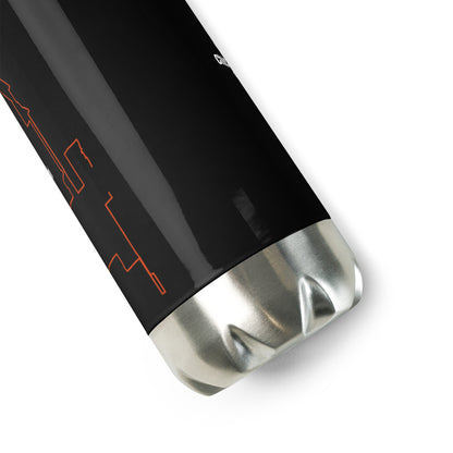 Black and silver cylindrical object with red custom Strava print art design on a white background