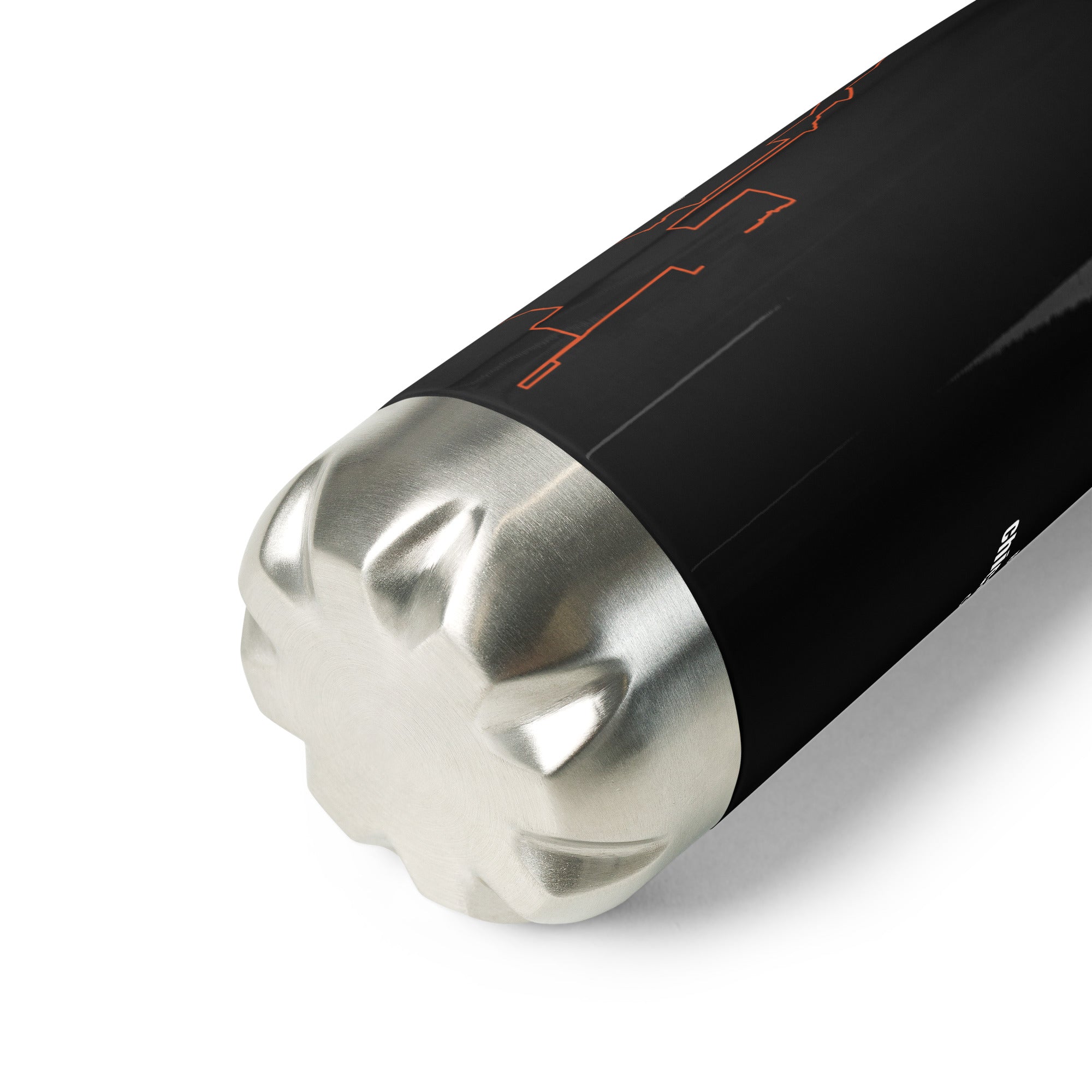 Close-up of a bottom of black water bottle with a red custom Strava print art on a white background